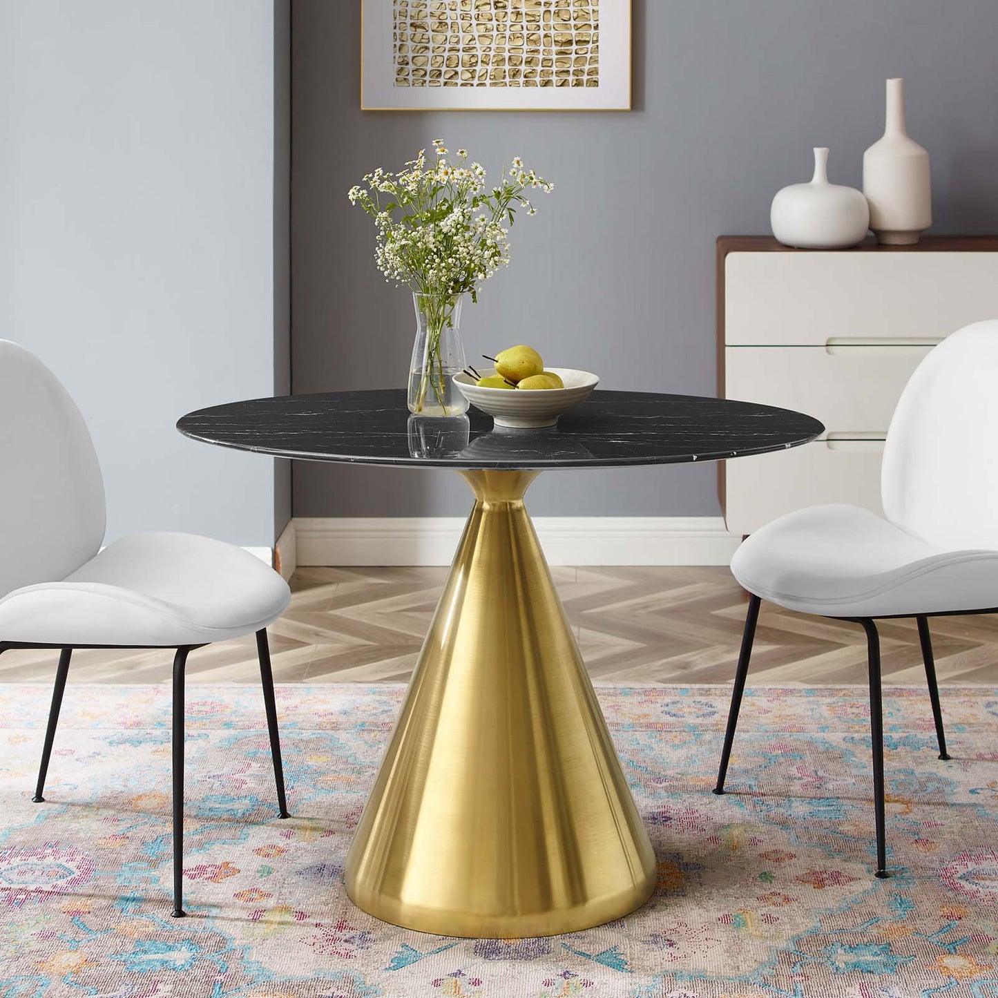 Tupelo 42" Oval Artificial Marble Dining Table Gold Black EEI-5330-GLD-BLK