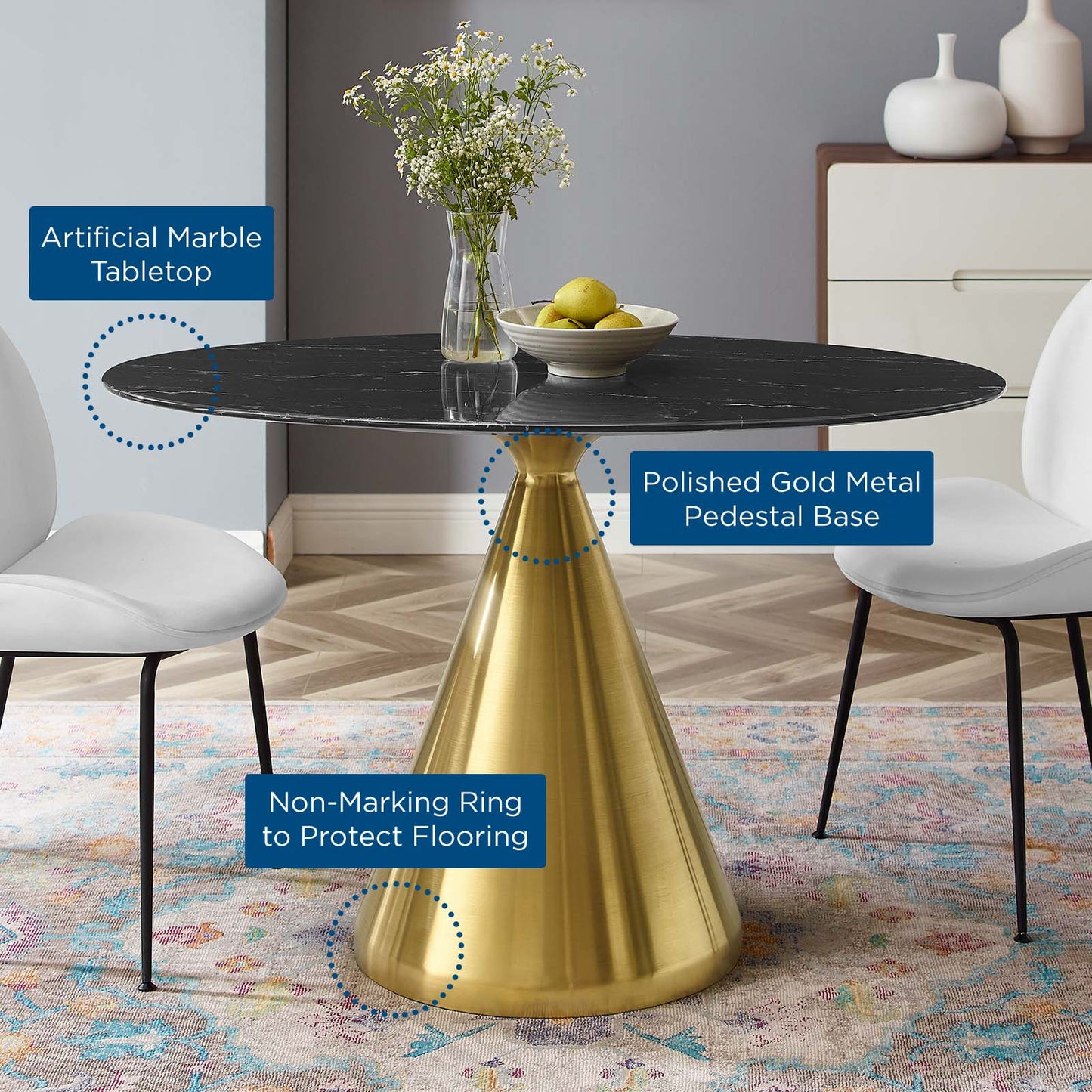 Tupelo 48" Oval Artificial Marble Dining Table Gold Black EEI-5331-GLD-BLK