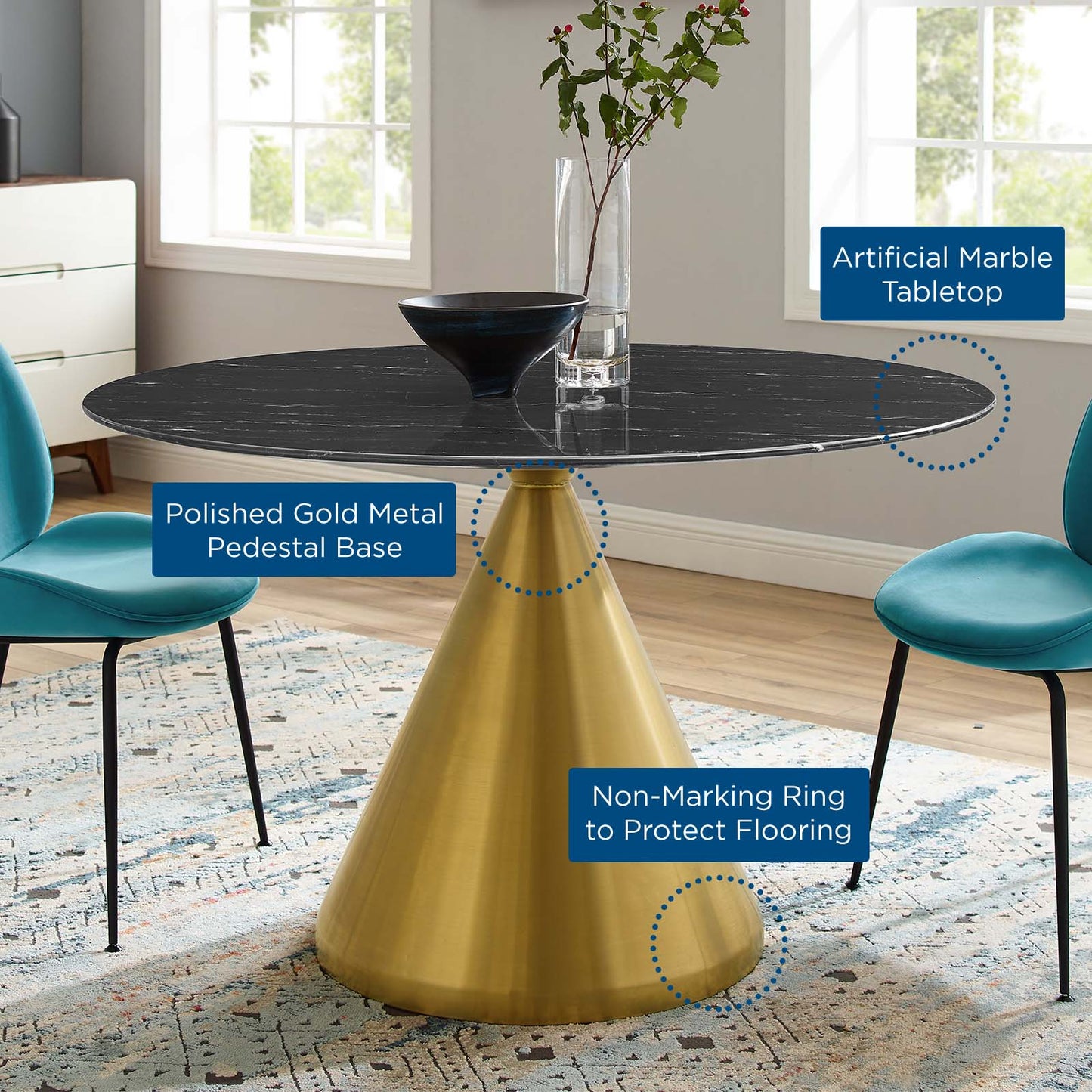 Tupelo 47" Artificial Marble Dining Table Gold Black EEI-5346-GLD-BLK