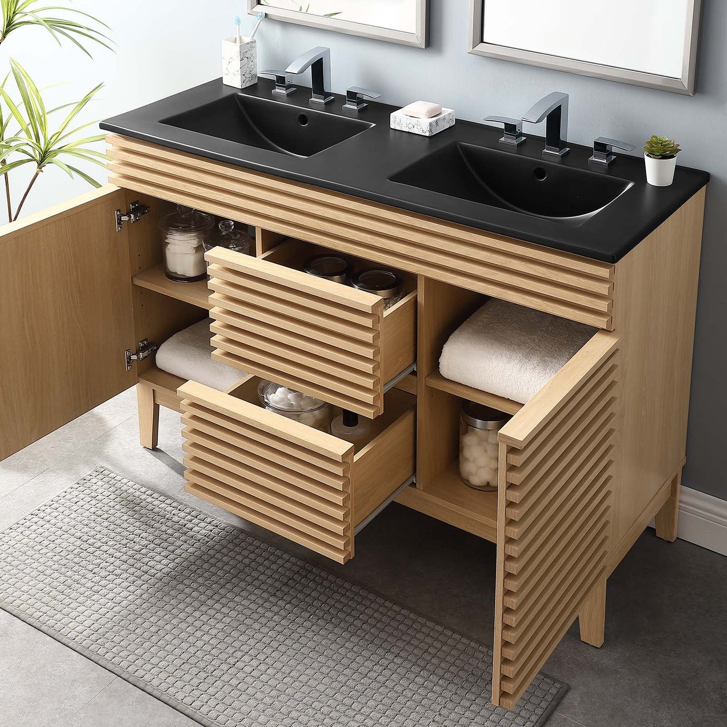 Render 48" Double Sink Bathroom Vanity Oak Black EEI-5381-OAK-BLK