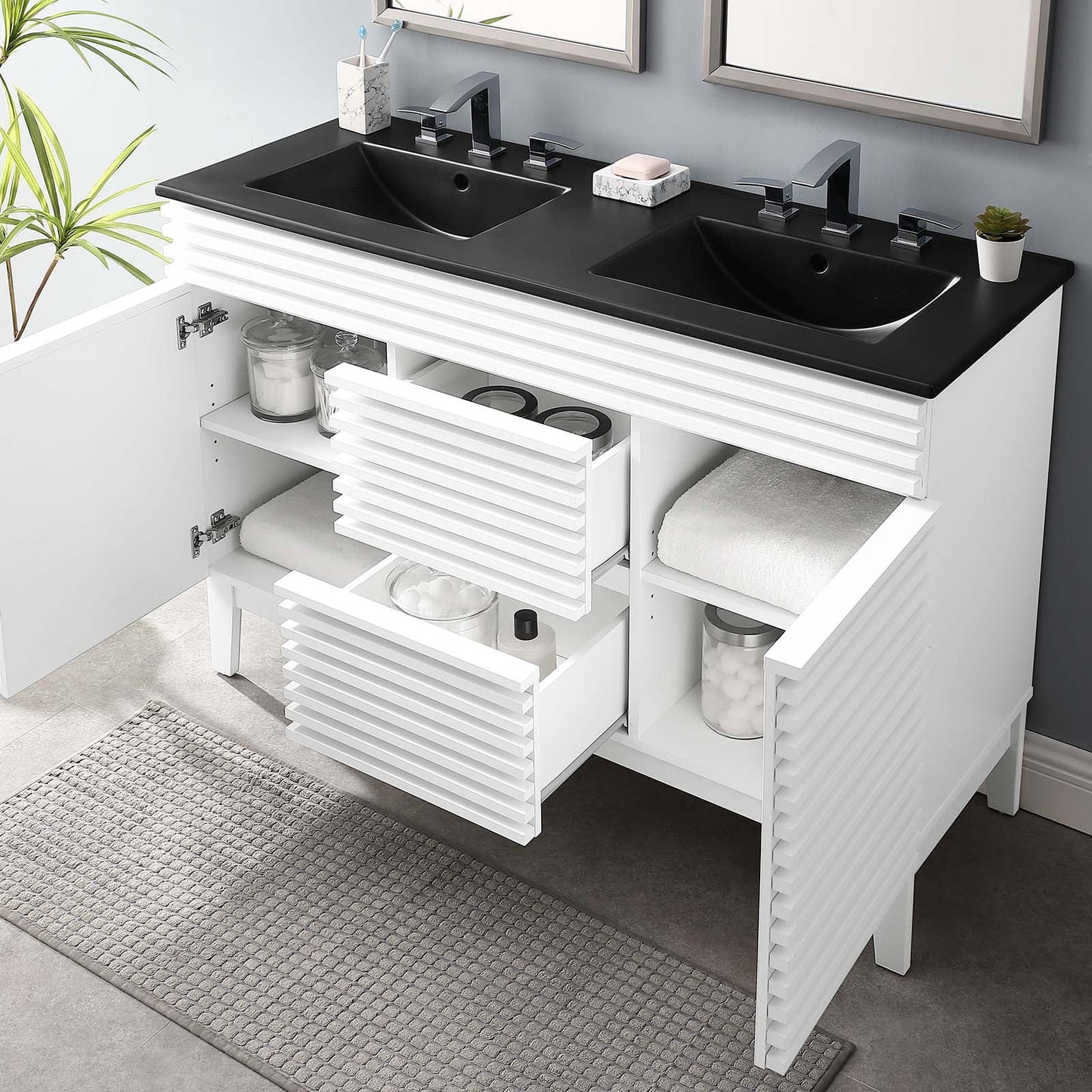 Render 48" Double Sink Bathroom Vanity White Black EEI-5381-WHI-BLK