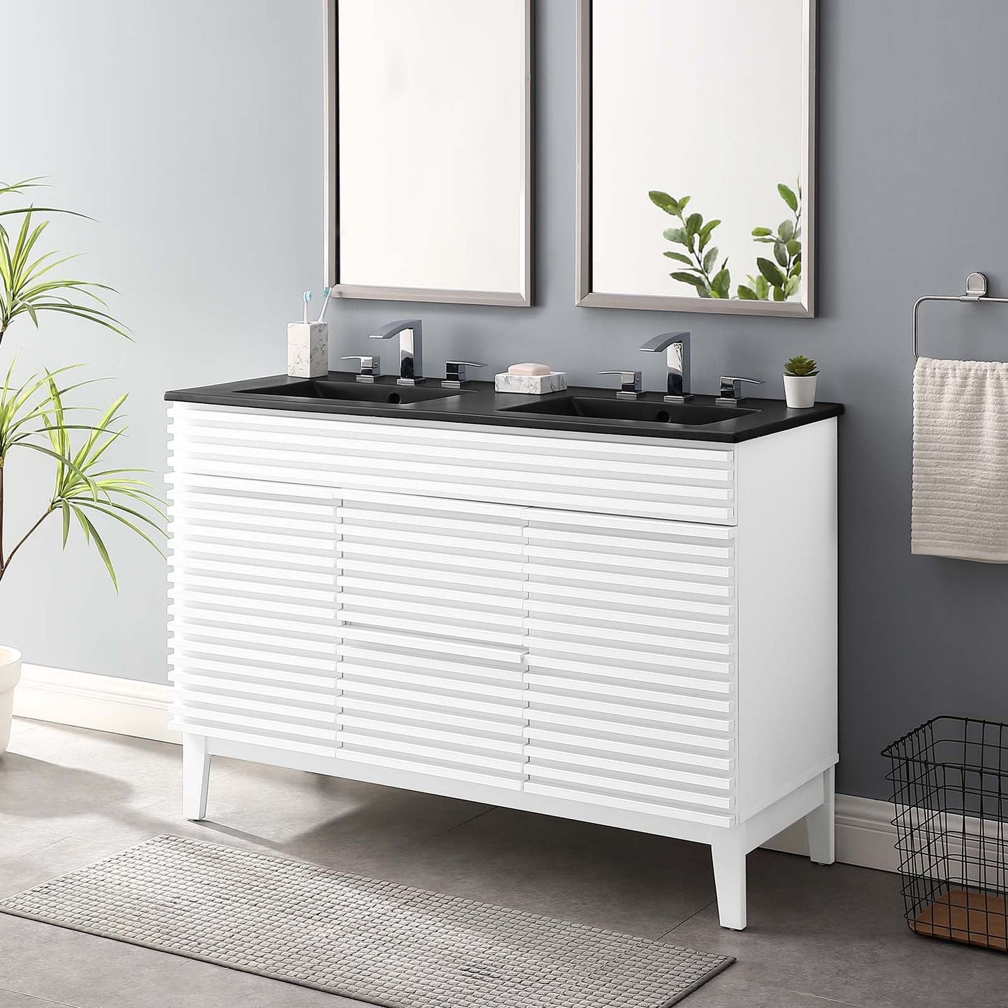 Render 48" Double Sink Bathroom Vanity White Black EEI-5381-WHI-BLK