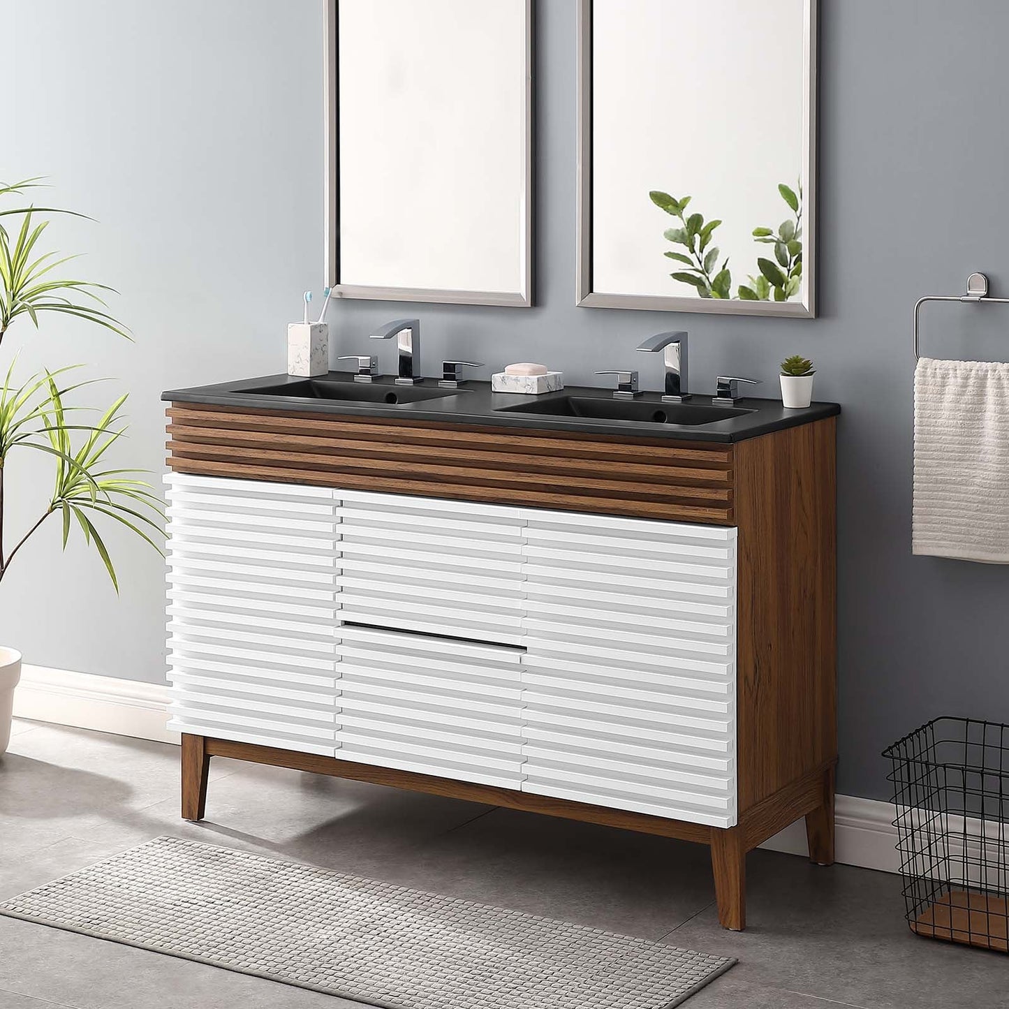 Render 48" Double Sink Bathroom Vanity White Walnut Black EEI-5381-WHI-WAL-BLK