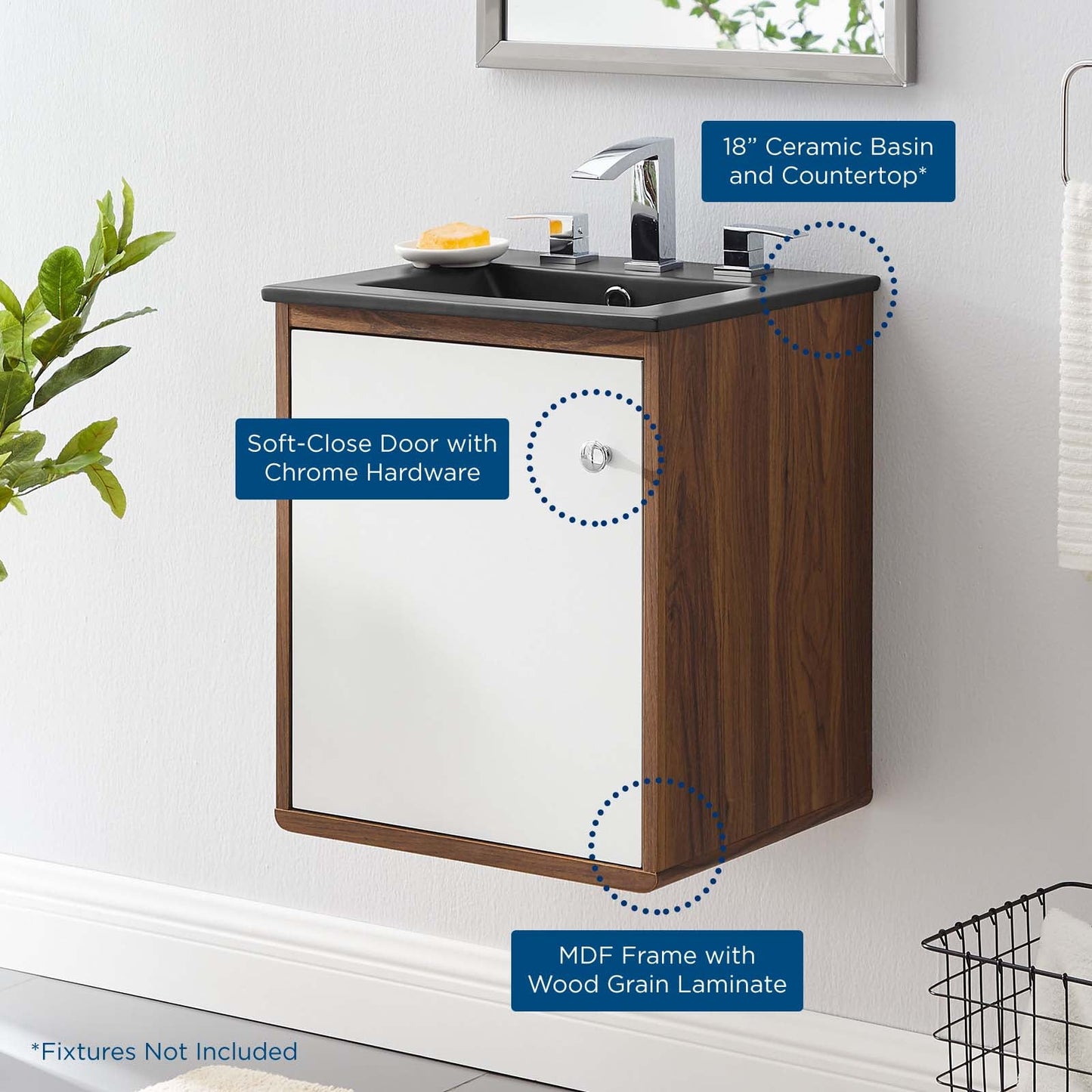 Transmit 18" Wall-Mount Bathroom Vanity Walnut Black EEI-5388-WAL-BLK