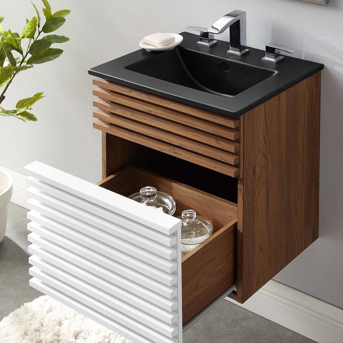 Render 18" Wall-Mount Bathroom Vanity White Walnut Black EEI-5390-WHI-WAL-BLK