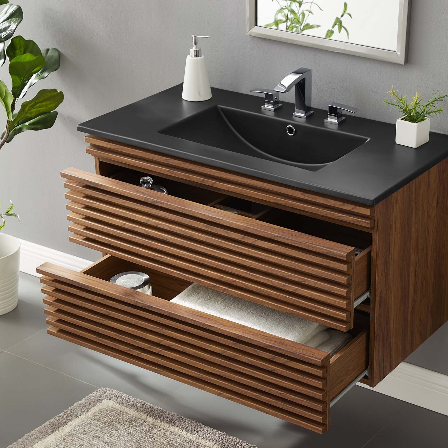 Render 36" Wall-Mount Bathroom Vanity Walnut Black EEI-5395-WAL-BLK