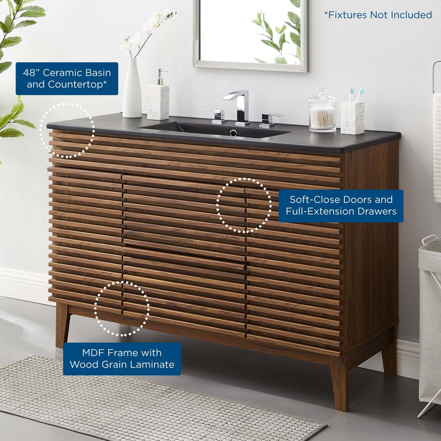 Render 48" Single Sink Bathroom Vanity Walnut Black EEI-5398-WAL-BLK