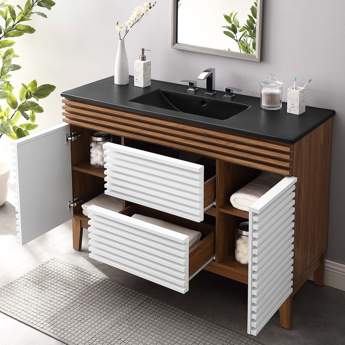 Render 48" Single Sink Bathroom Vanity White Walnut Black EEI-5398-WHI-WAL-BLK