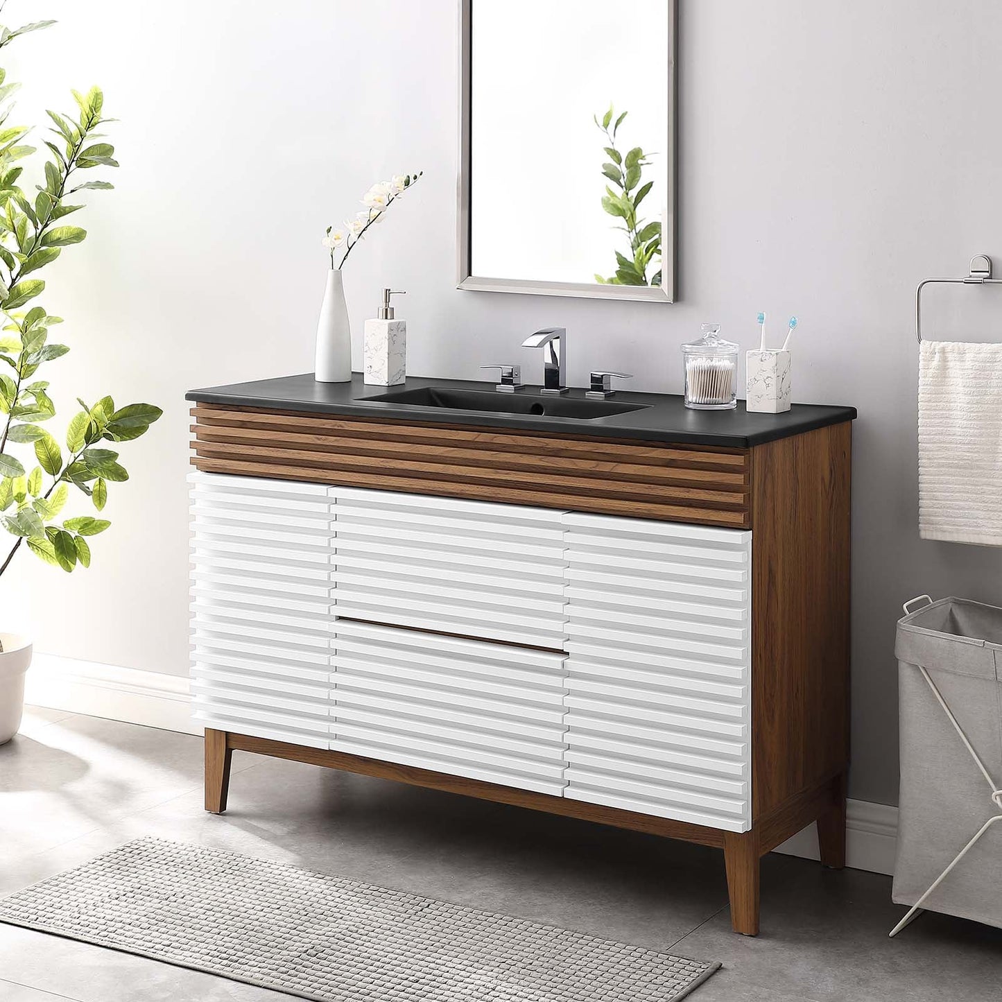 Render 48" Single Sink Bathroom Vanity White Walnut Black EEI-5398-WHI-WAL-BLK