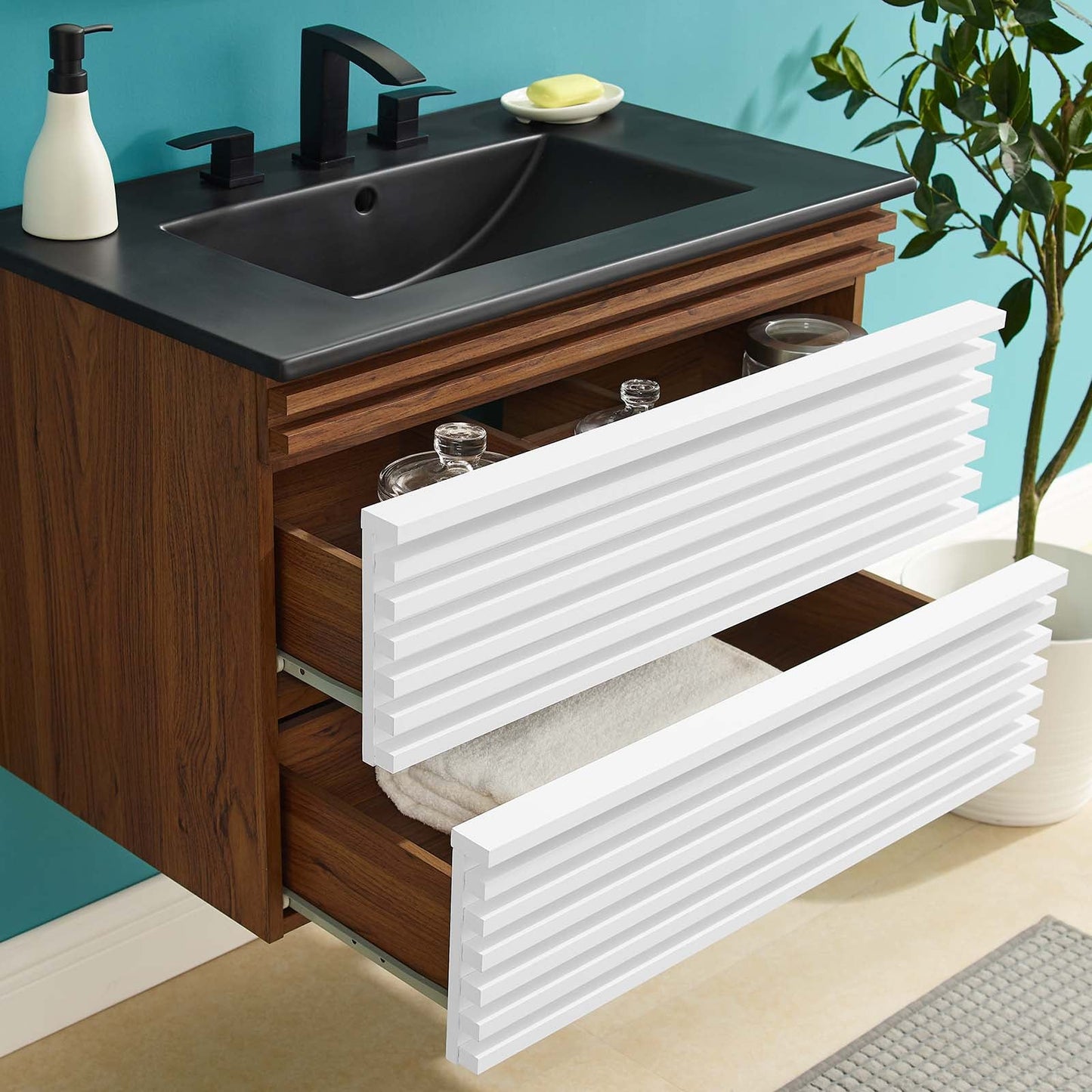 Render 30" Wall-Mount Bathroom Vanity White Walnut Black EEI-5417-WHI-WAL-BLK