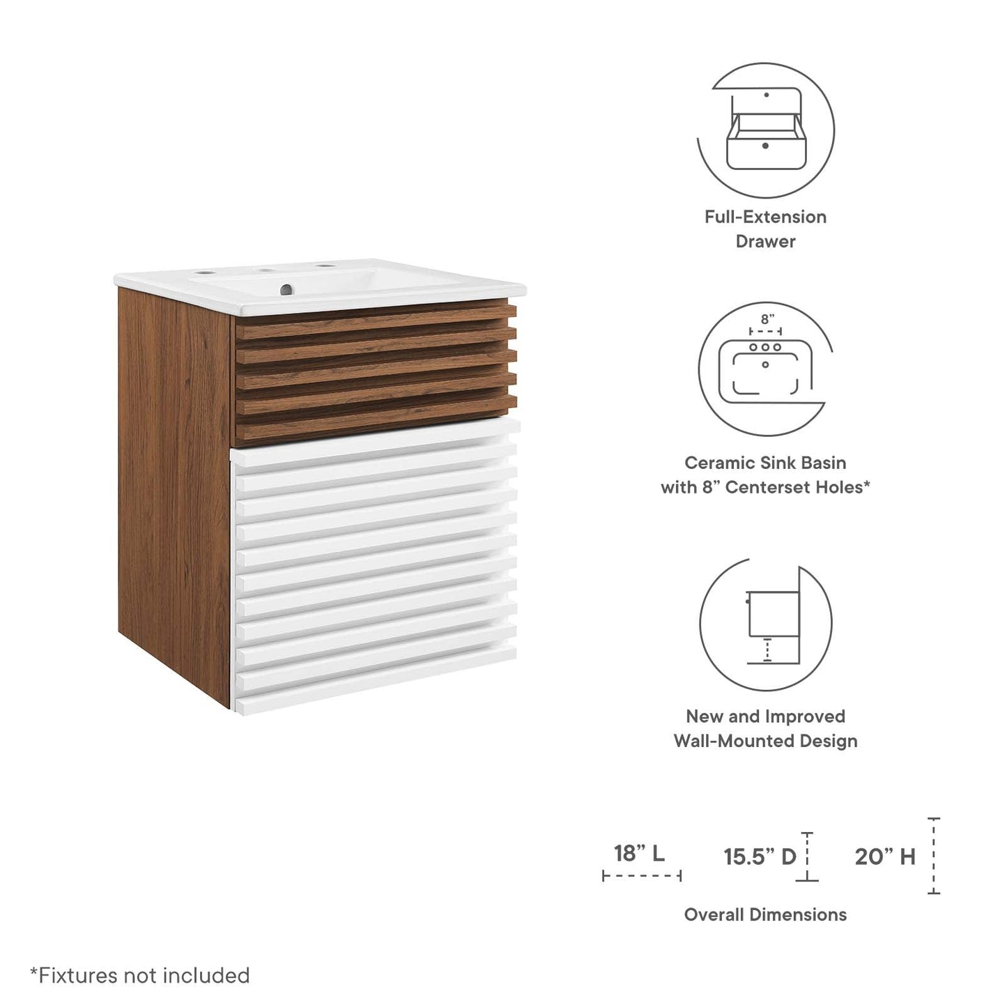 Render 18" Wall-Mount Bathroom Vanity White Walnut White EEI-5419-WHI-WAL-WHI