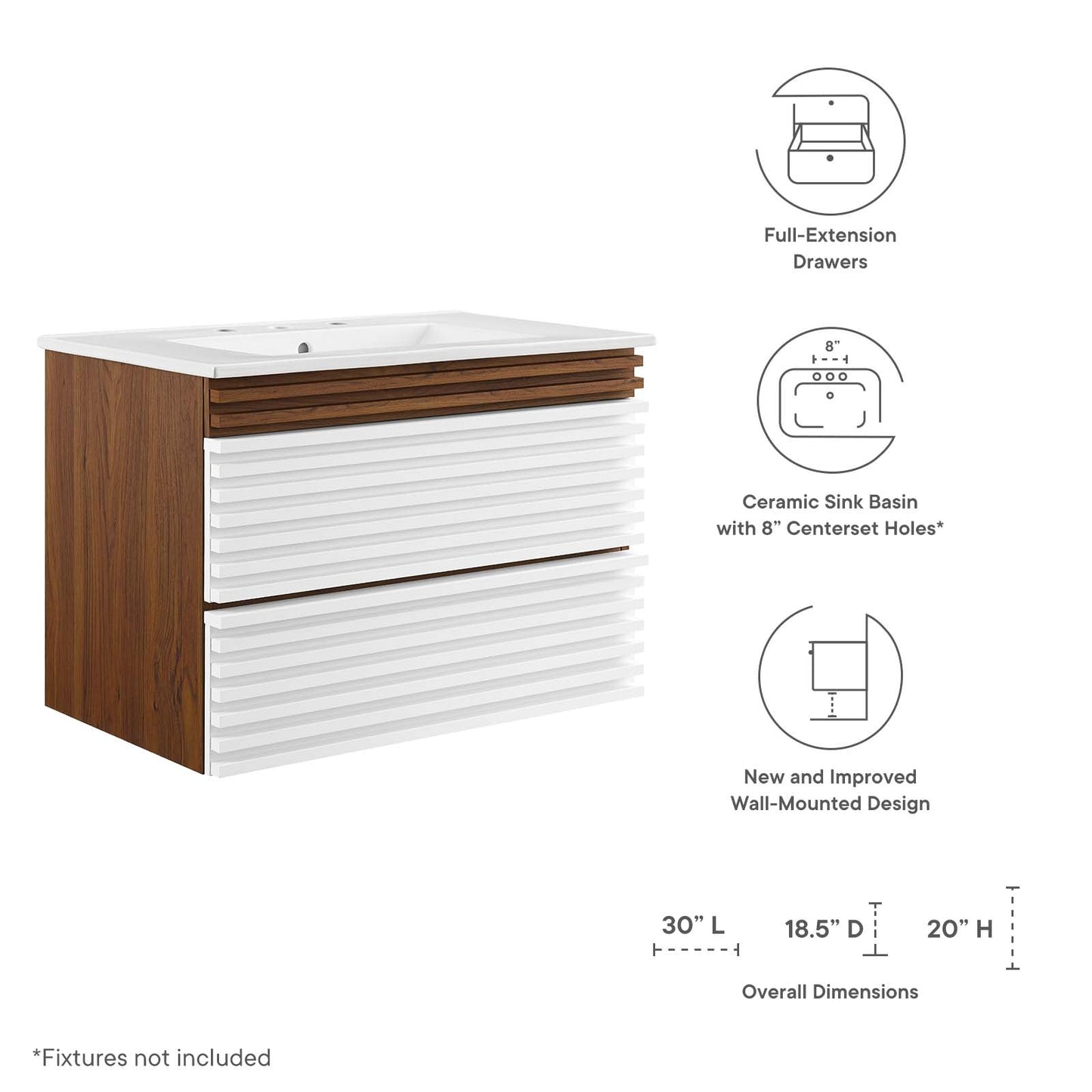 Render 30" Wall-Mount Bathroom Vanity White Walnut White EEI-5421-WHI-WAL-WHI