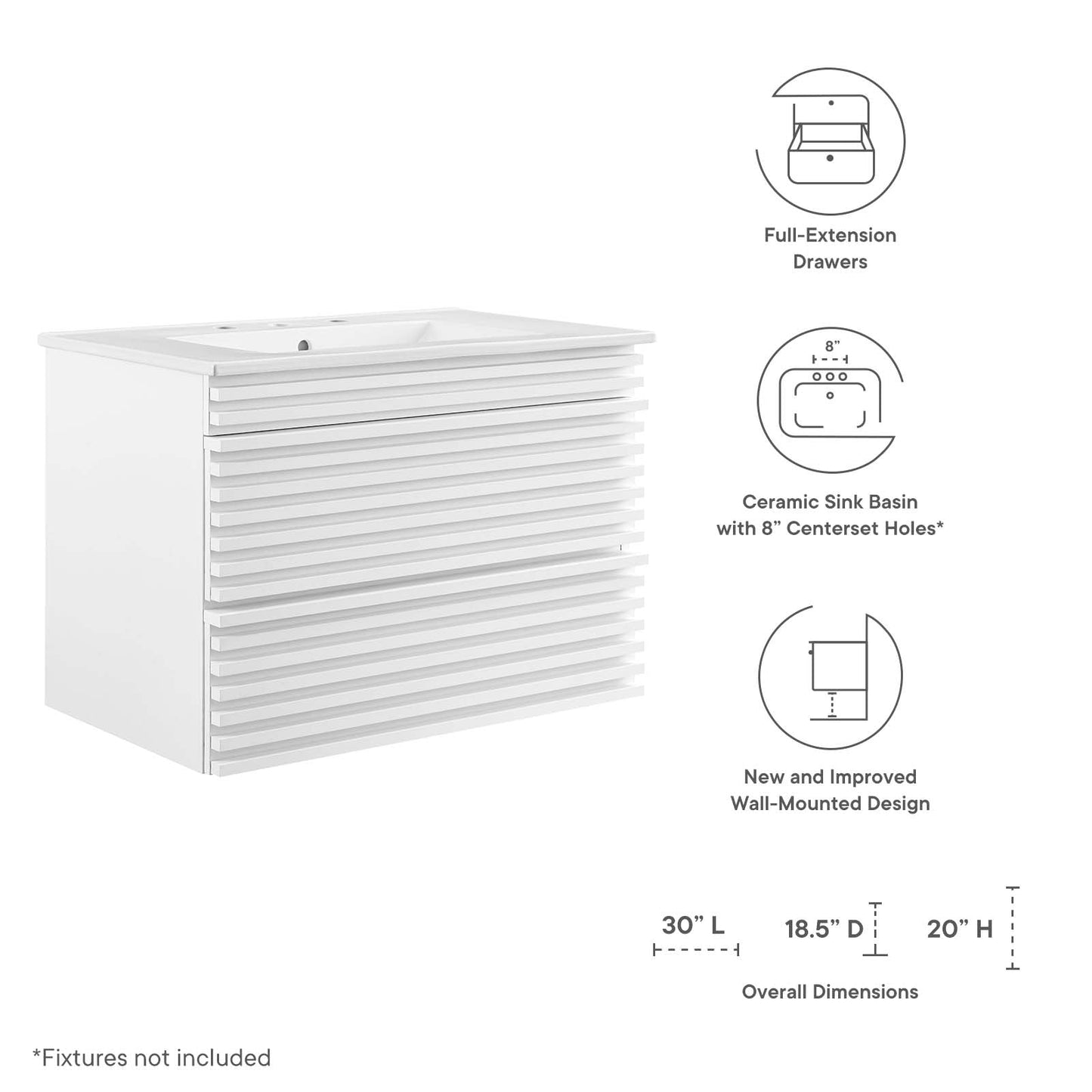 Render 30" Wall-Mount Bathroom Vanity White White EEI-5421-WHI-WHI