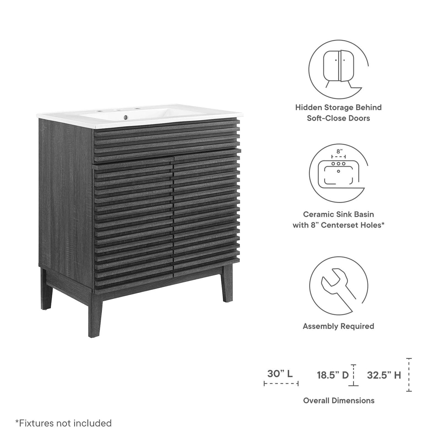 Render 30" Bathroom Vanity Cabinet Charcaol White EEI-5422-CHA-WHI