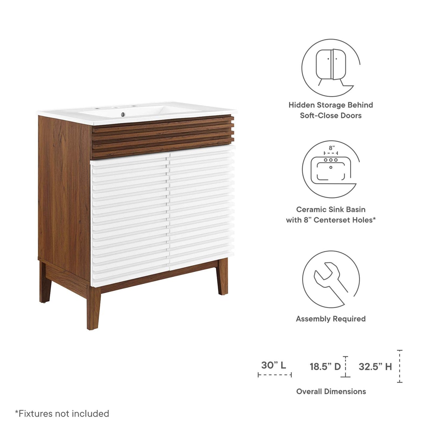 Render 30" Bathroom Vanity Cabinet White Walnut White EEI-5422-WHI-WAL-WHI