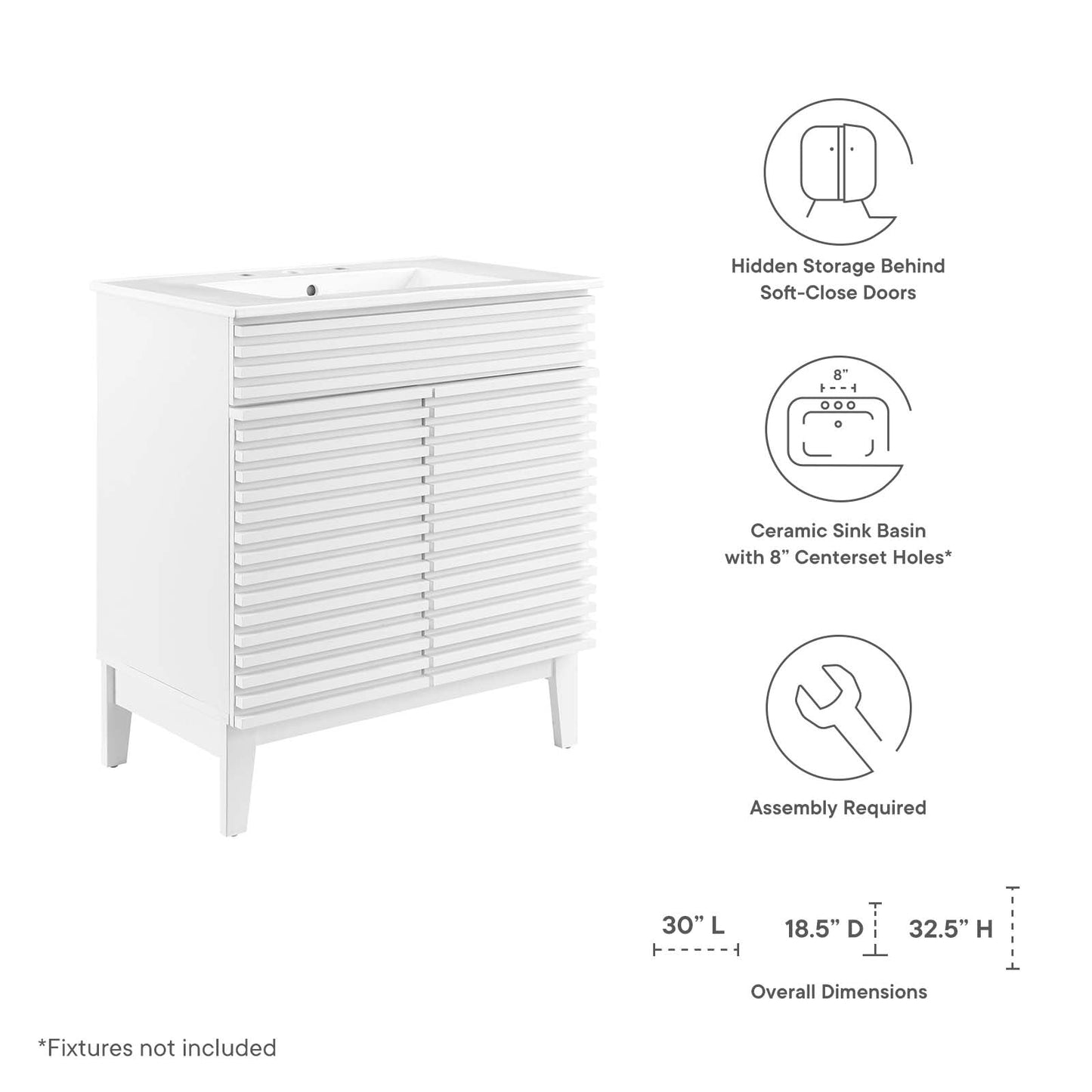 Render 30" Bathroom Vanity Cabinet White White EEI-5422-WHI-WHI