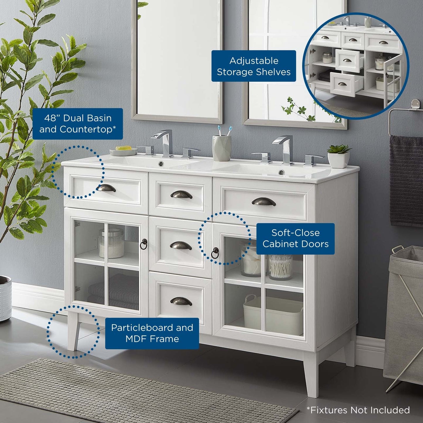 Isle 48" Double Bathroom Vanity Cabinet White White EEI-5428-WHI-WHI