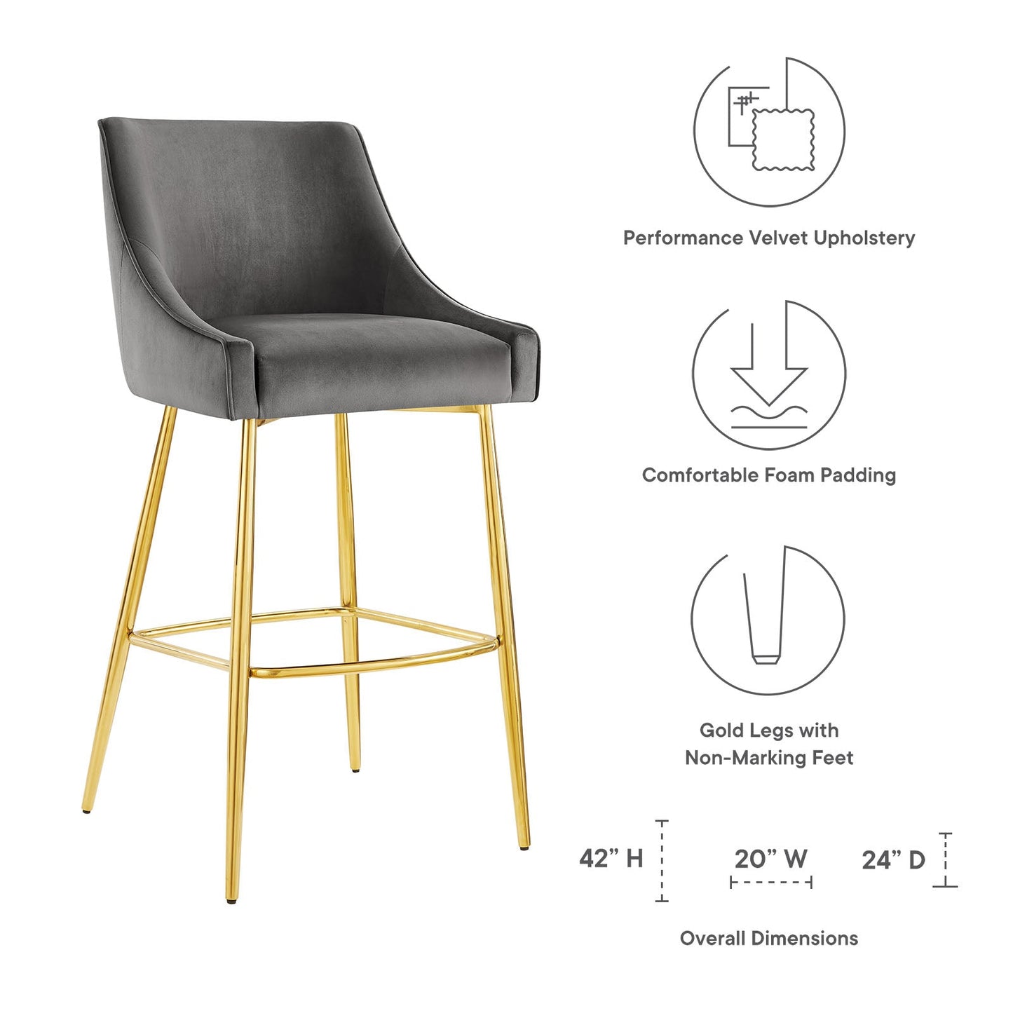 Discern Performance Velvet Bar Stool Gray EEI-5473-GRY