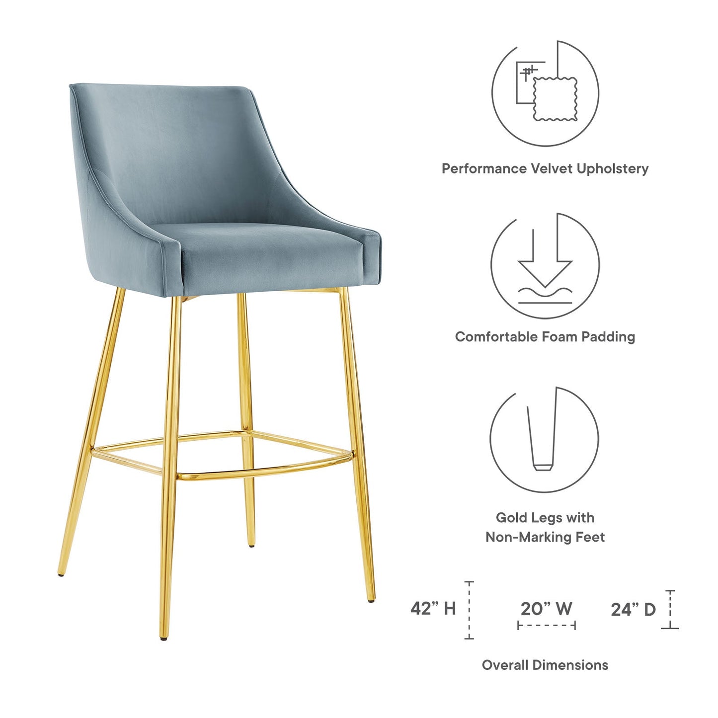 Discern Performance Velvet Bar Stool Light Blue EEI-5473-LBU