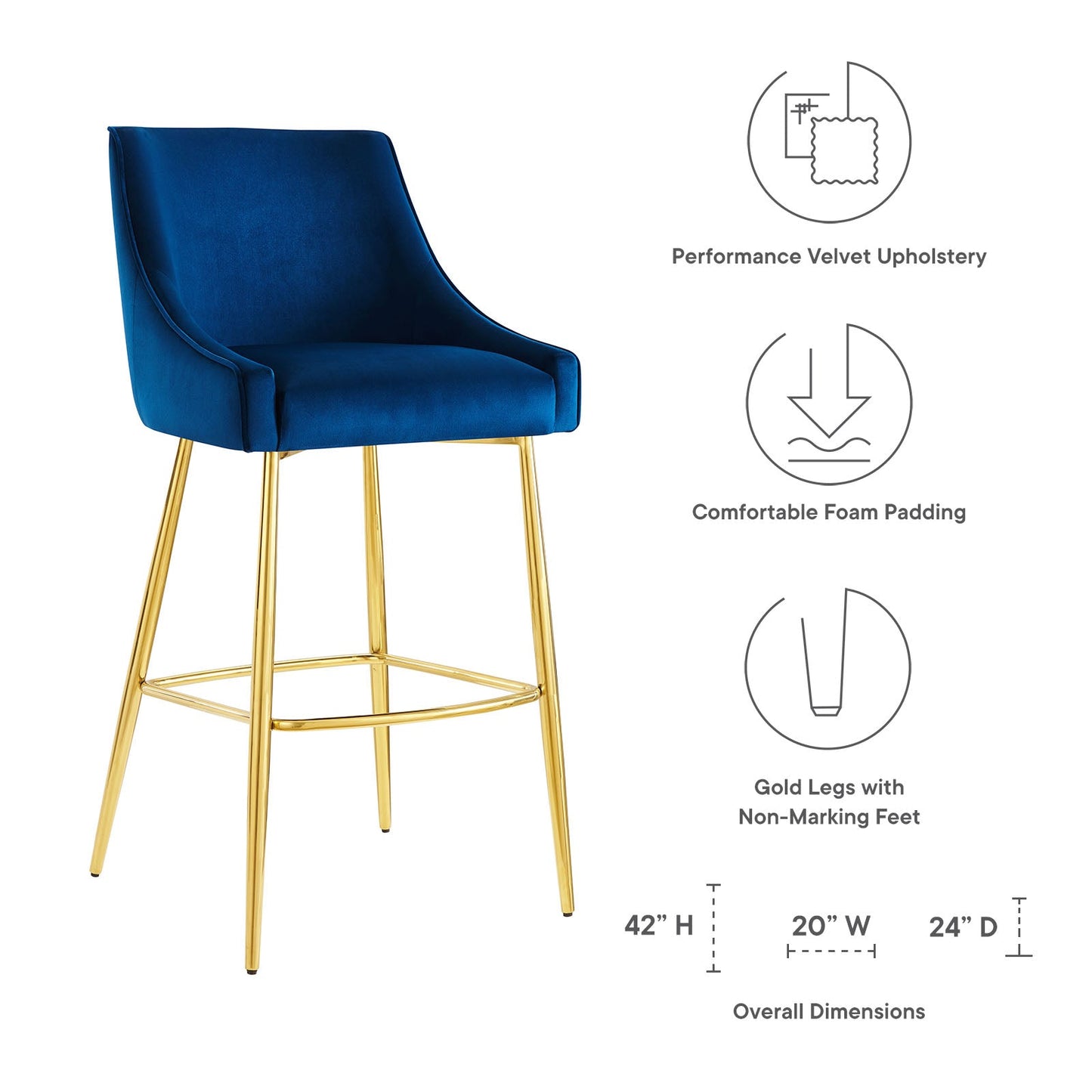 Discern Performance Velvet Bar Stool Navy EEI-5473-NAV