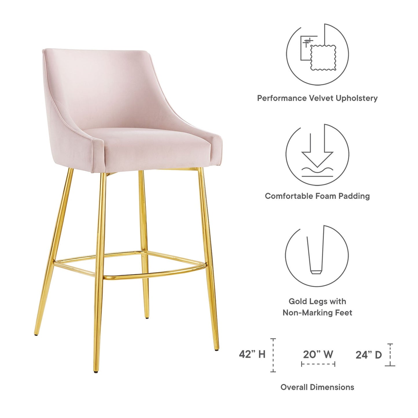 Discern Performance Velvet Bar Stool Pink EEI-5473-PNK