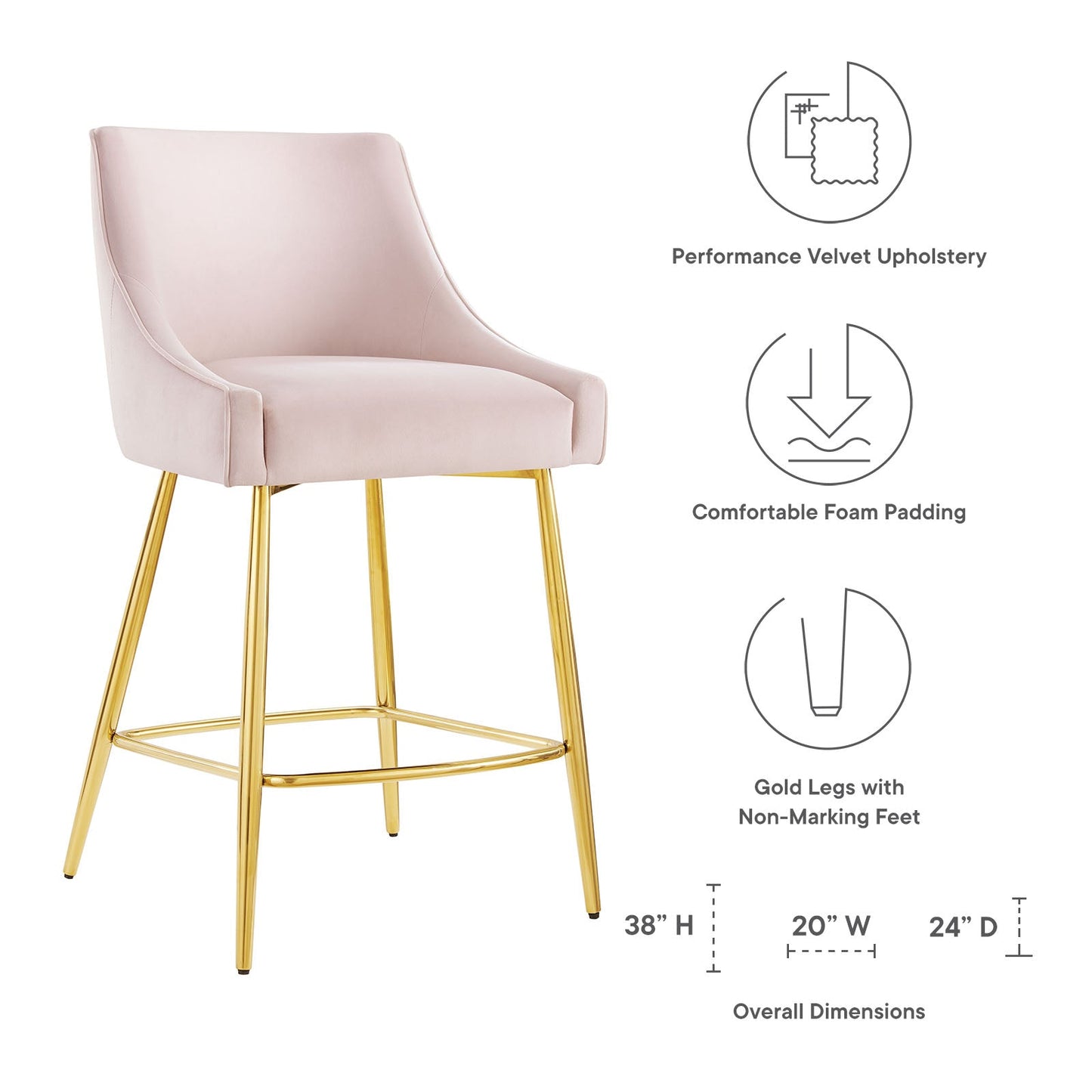 Discern Performance Velvet Counter Stool Pink EEI-5474-PNK