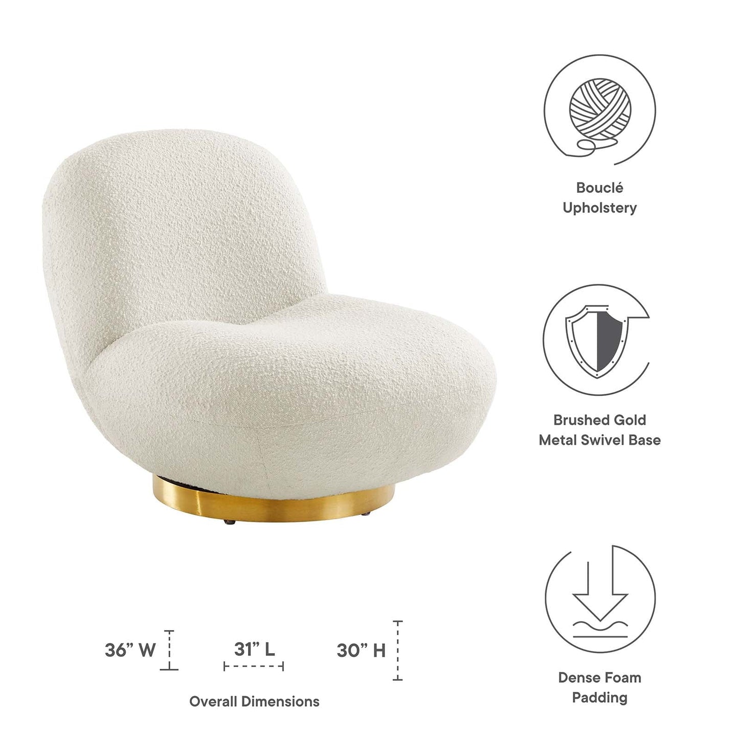 Kindred Boucle Upholstered Upholstered Fabric Swivel Chair Gold Ivory EEI-5485-GLD-IVO