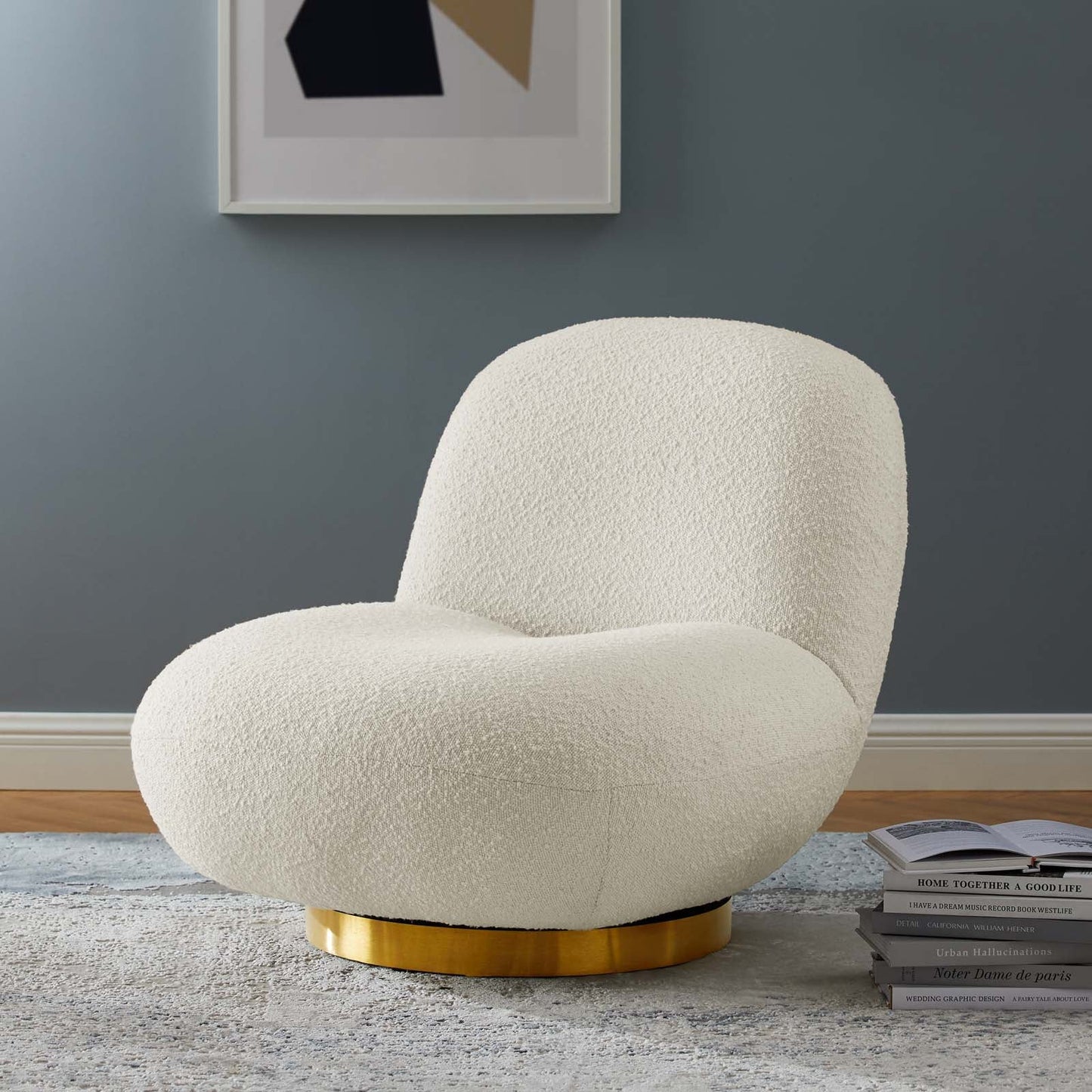 Kindred Boucle Upholstered Upholstered Fabric Swivel Chair Gold Ivory EEI-5485-GLD-IVO