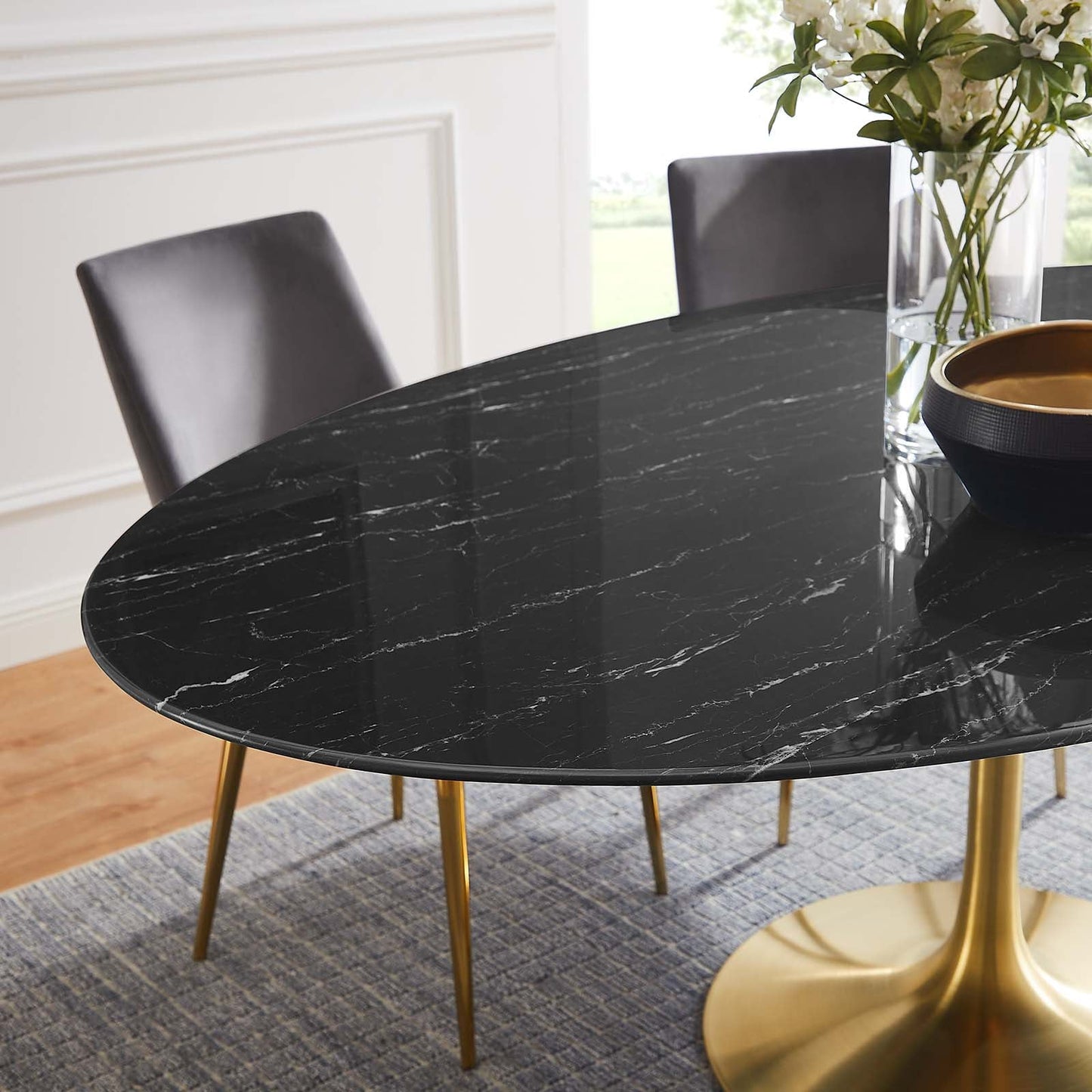 Lippa 78" Oval Artificial Marble Dining Table Gold Black EEI-5528-GLD-BLK