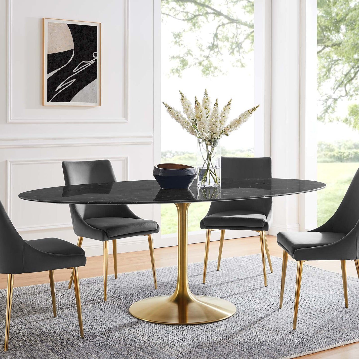 Lippa 78" Oval Artificial Marble Dining Table Gold Black EEI-5528-GLD-BLK