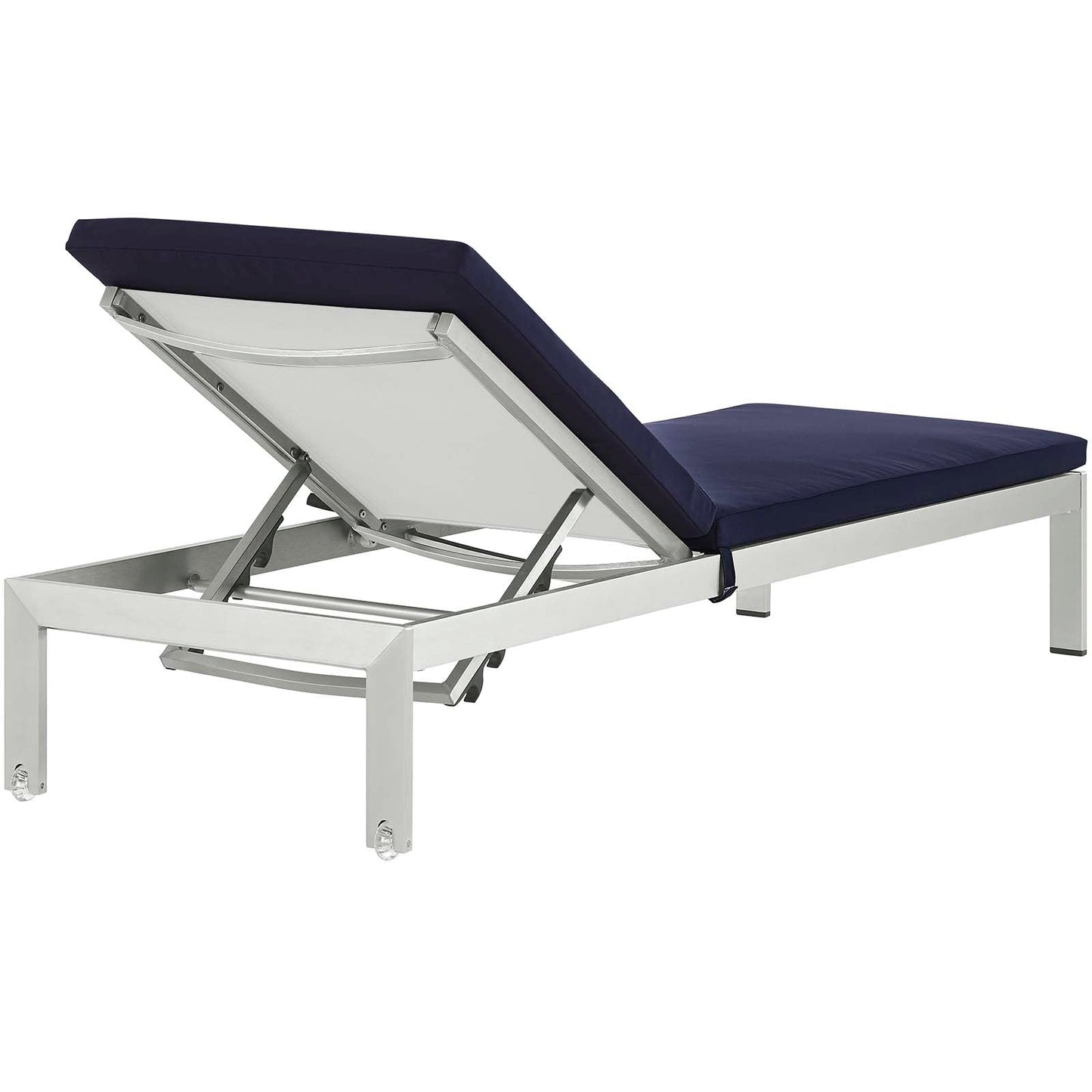 Shore Outdoor Patio Aluminum Chaise with Cushions Silver Navy EEI-5547-SLV-NAV