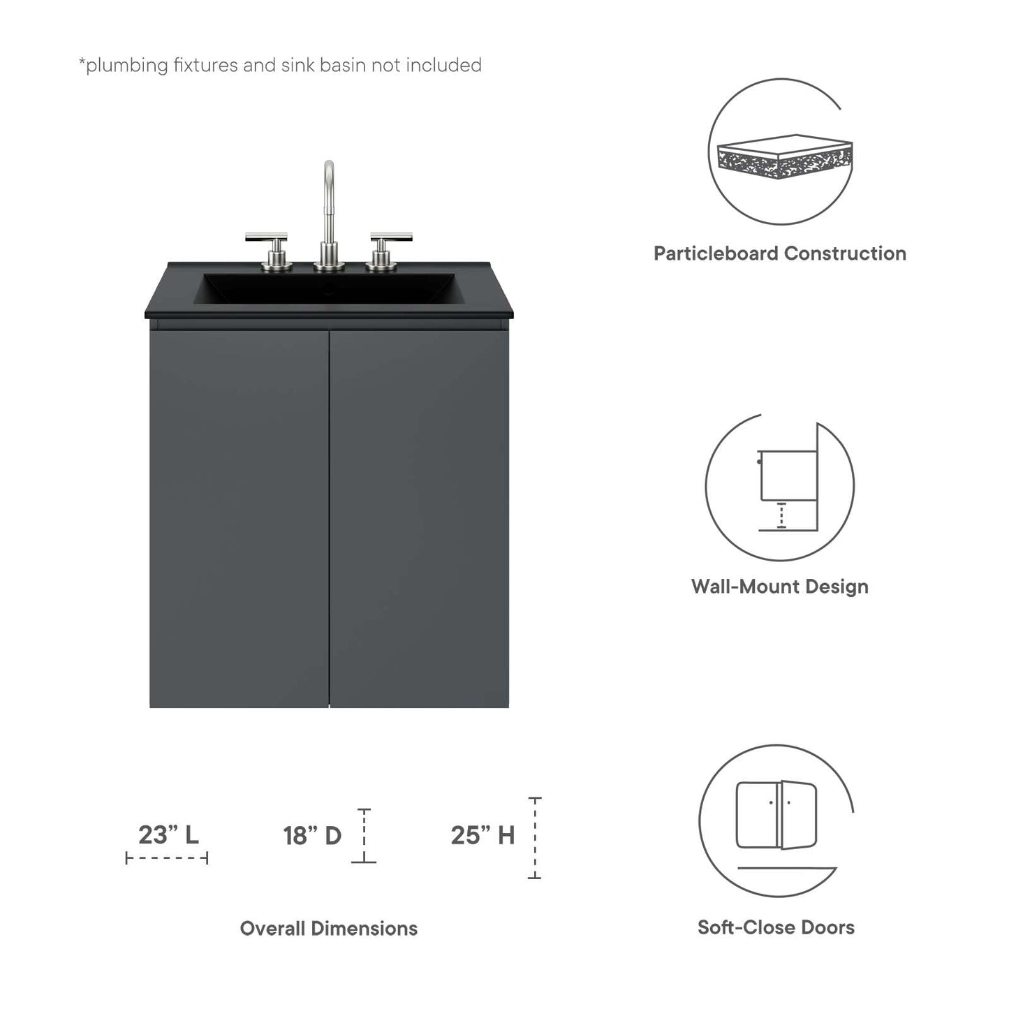 Vitality 24" Wall-Mount Bathroom Vanity (Sink Basin Not Included) Gray EEI-5557-GRY