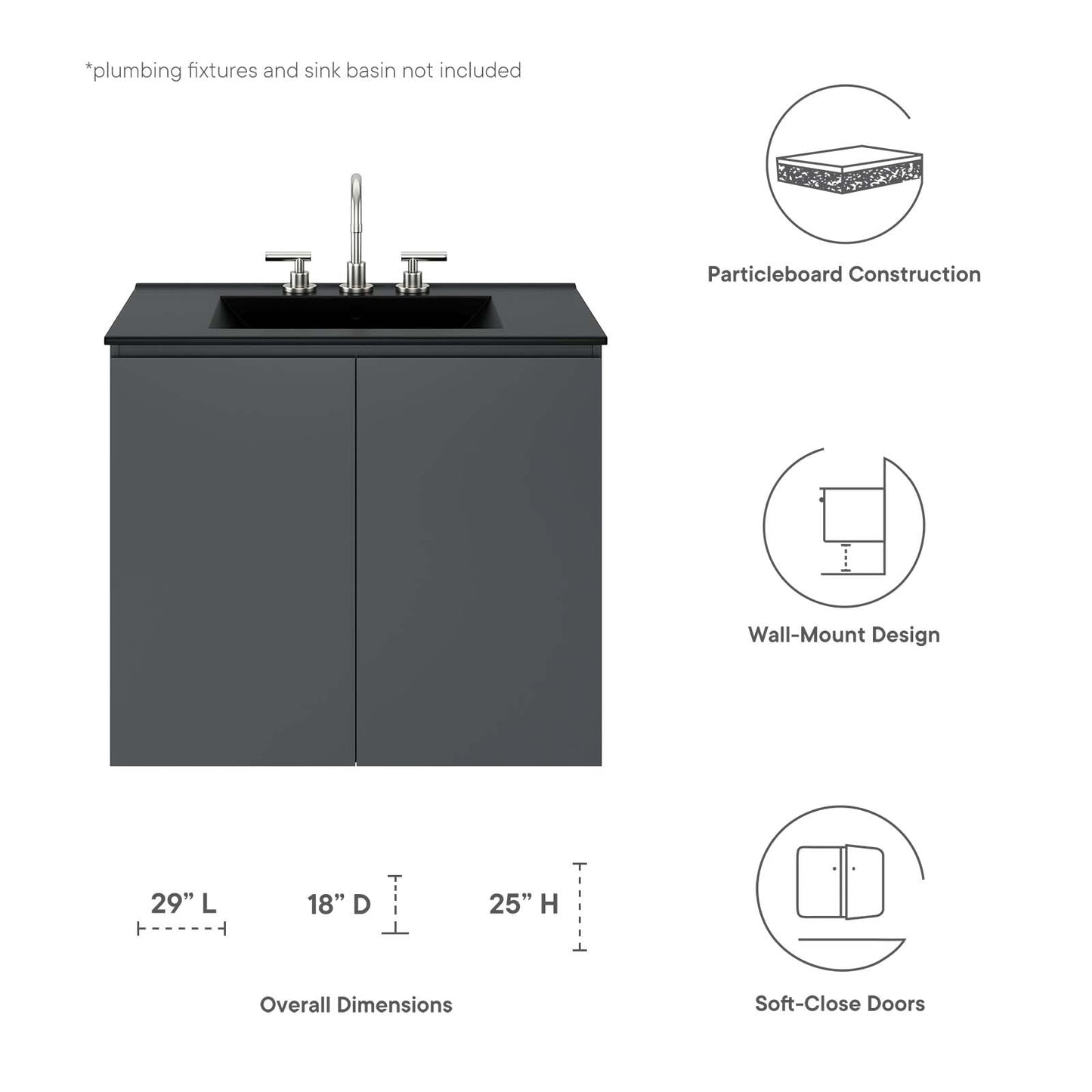 Vitality 30" Wall-Mount Bathroom Vanity (Sink Basin Not Included) Gray EEI-5558-GRY