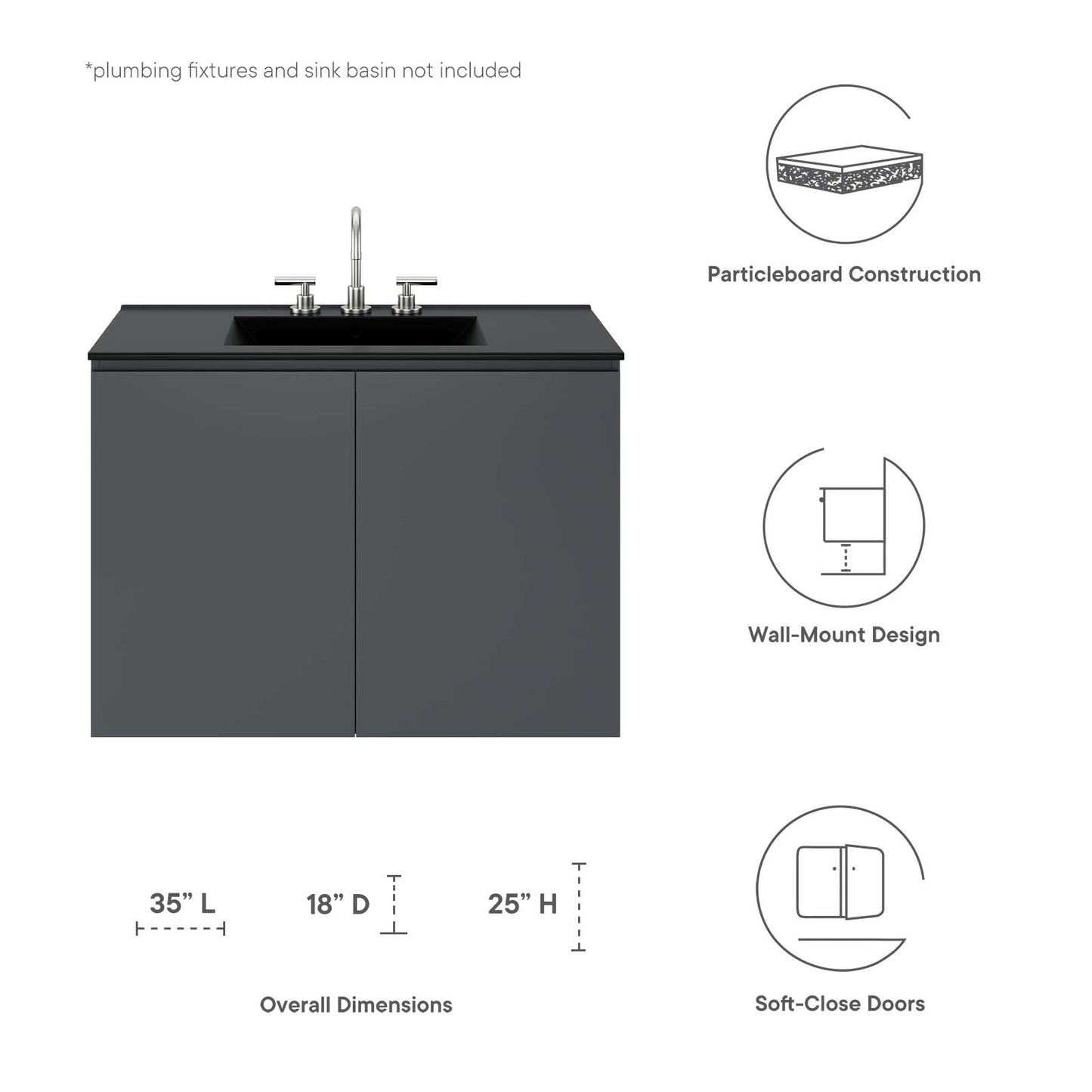 Vitality 36" Wall-Mount Bathroom Vanity (Sink Basin Not Included) Gray EEI-5559-GRY