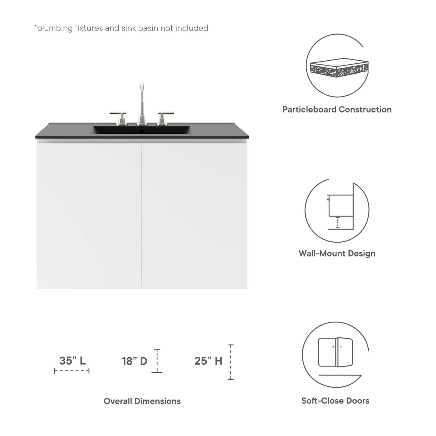 Vitality 36" Wall-Mount Bathroom Vanity (Sink Basin Not Included) White EEI-5559-WHI