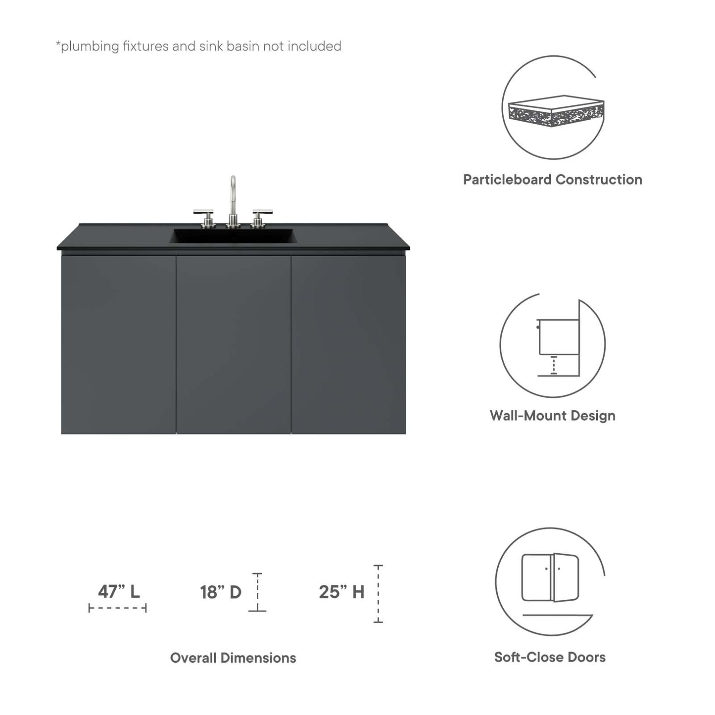 Vitality 48" Wall-Mount Bathroom Vanity (Sink Basin Not Included) Gray EEI-5560-GRY