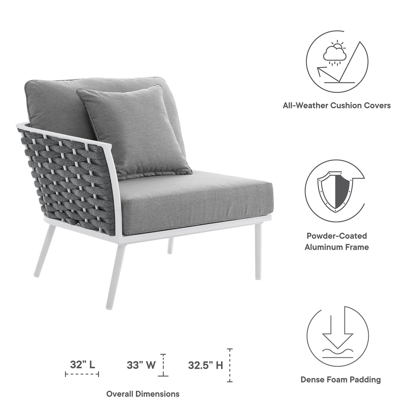 Stance Outdoor Patio Aluminum Left-Facing Armchair White Gray EEI-5565-WHI-GRY