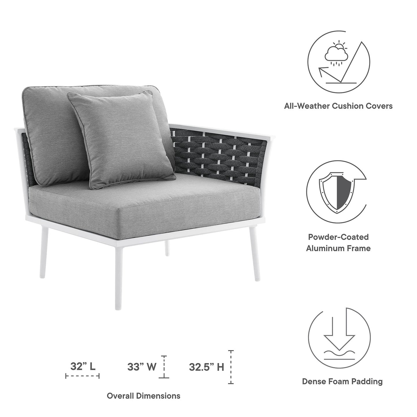 Stance Outdoor Patio Aluminum Right-Facing Armchair White Gray EEI-5566-WHI-GRY