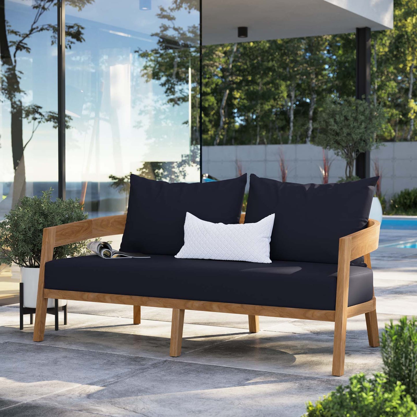 Brisbane Teak Wood Outdoor Patio Loveseat Natural Navy EEI-5601-NAT-NAV