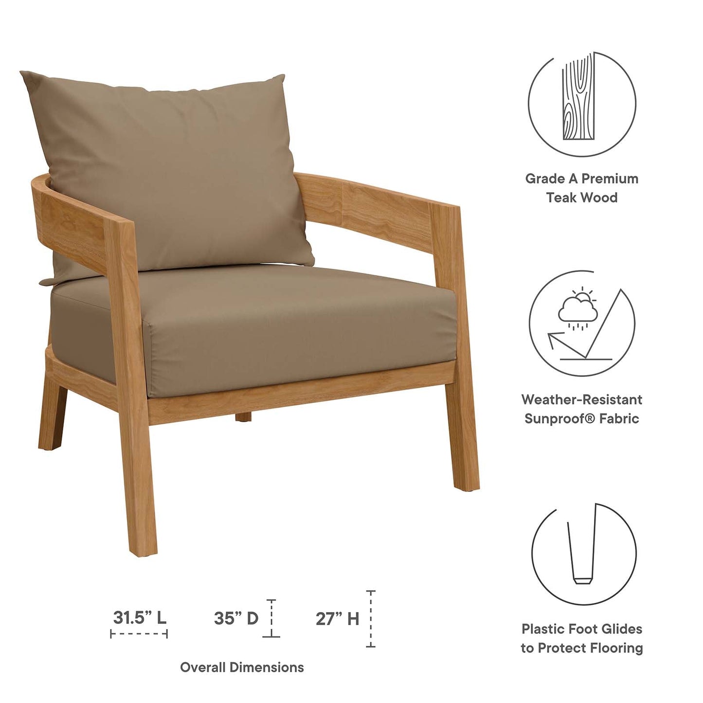 Brisbane Teak Wood Outdoor Patio Armchair Natural Light Brown EEI-5602-NAT-LBR