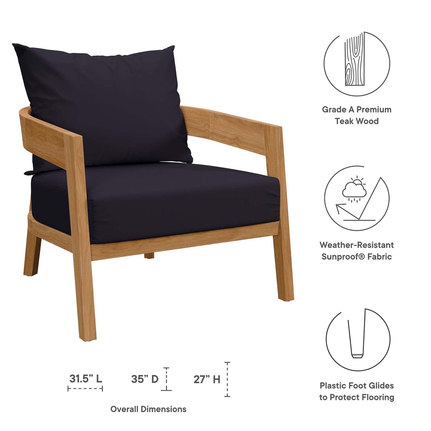 Brisbane Teak Wood Outdoor Patio Armchair Natural  Navy EEI-5602-NAT-NAV