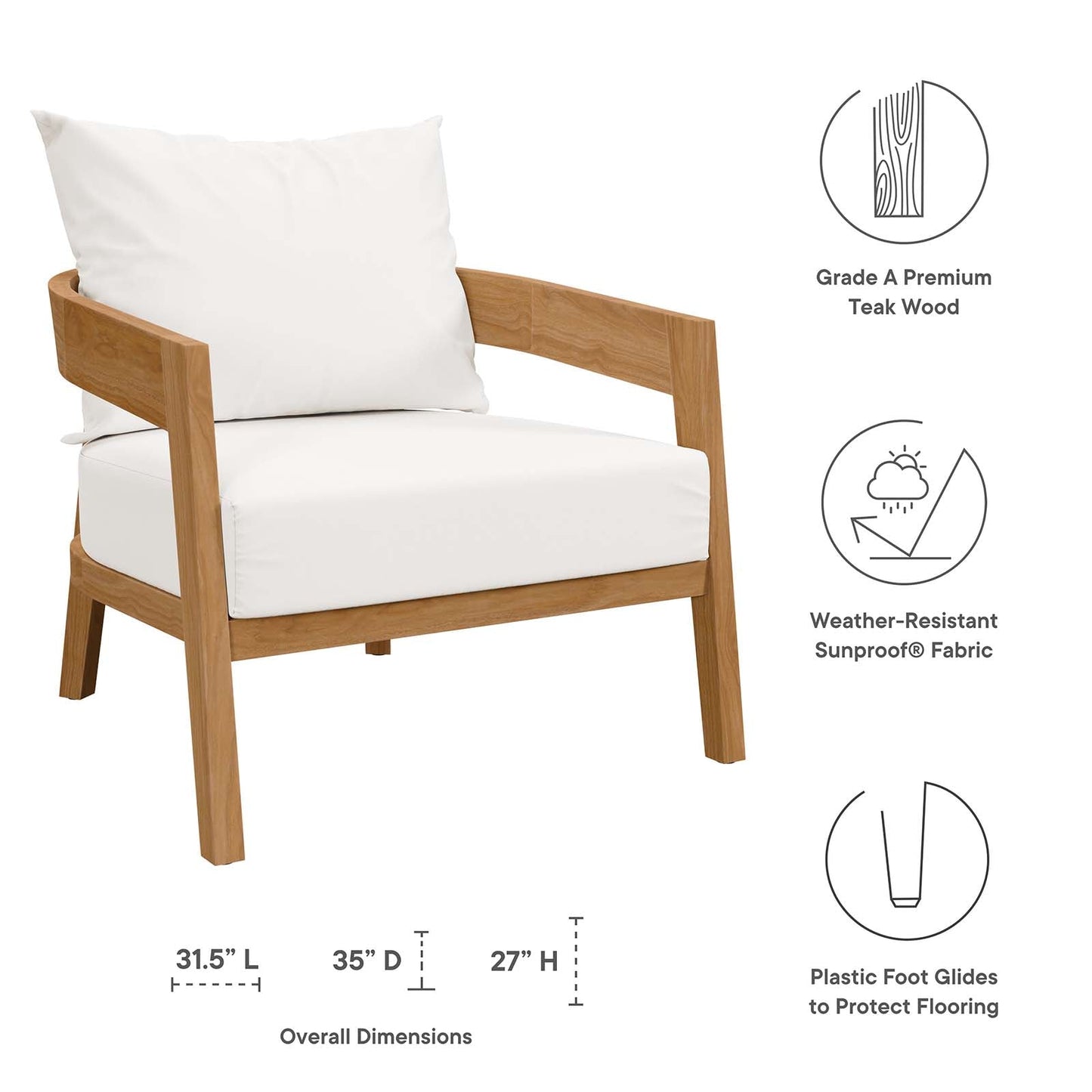 Brisbane Teak Wood Outdoor Patio Armchair Natural White EEI-5602-NAT-WHI