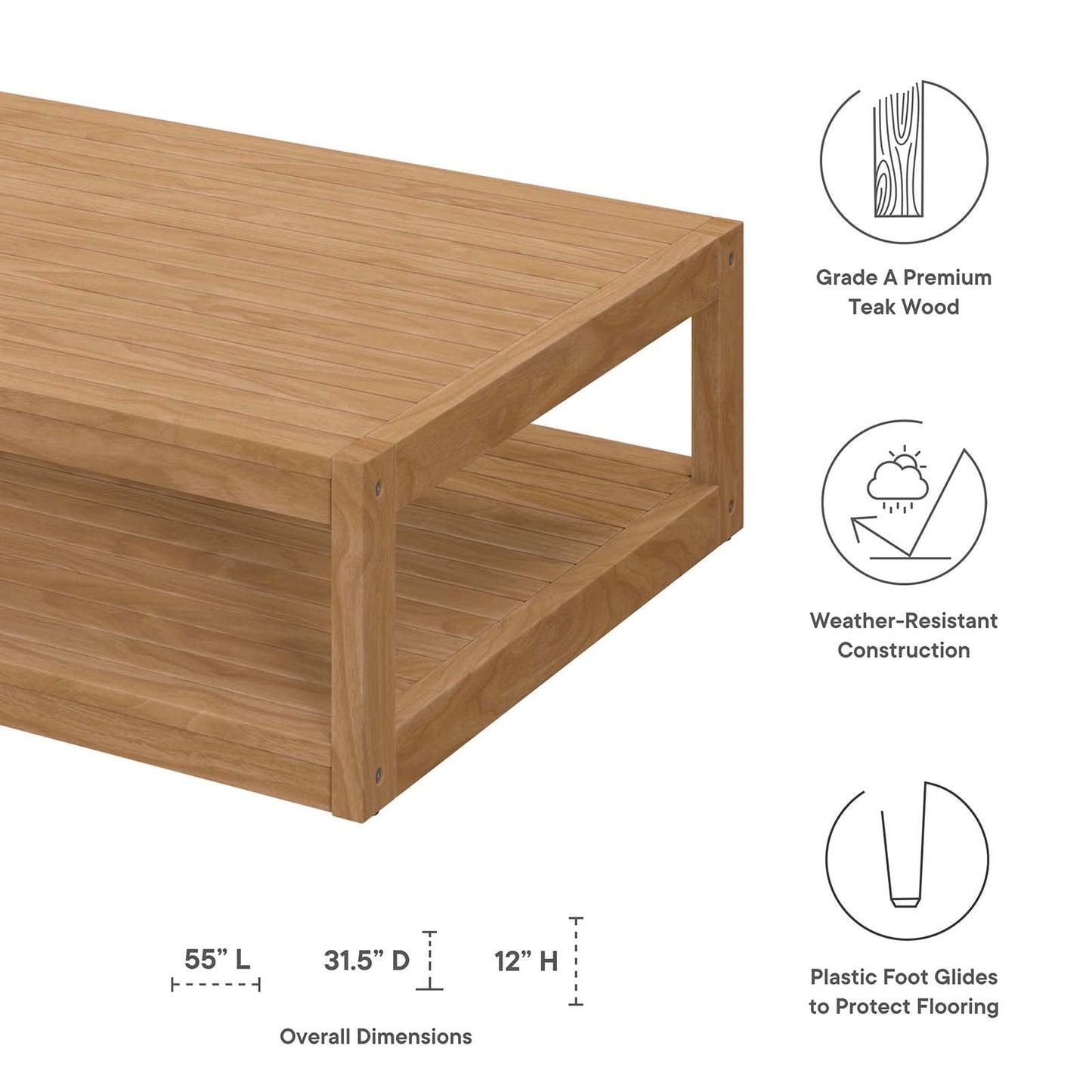 Carlsbad Teak Wood Outdoor Patio Coffee Table Natural EEI-5608-NAT