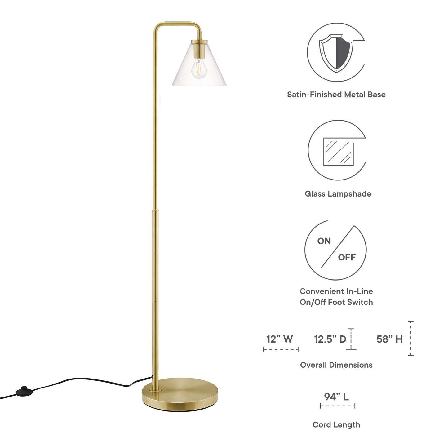 Element Transparent Glass Glass and Metal Floor Lamp Satin Brass EEI-5618-SBR