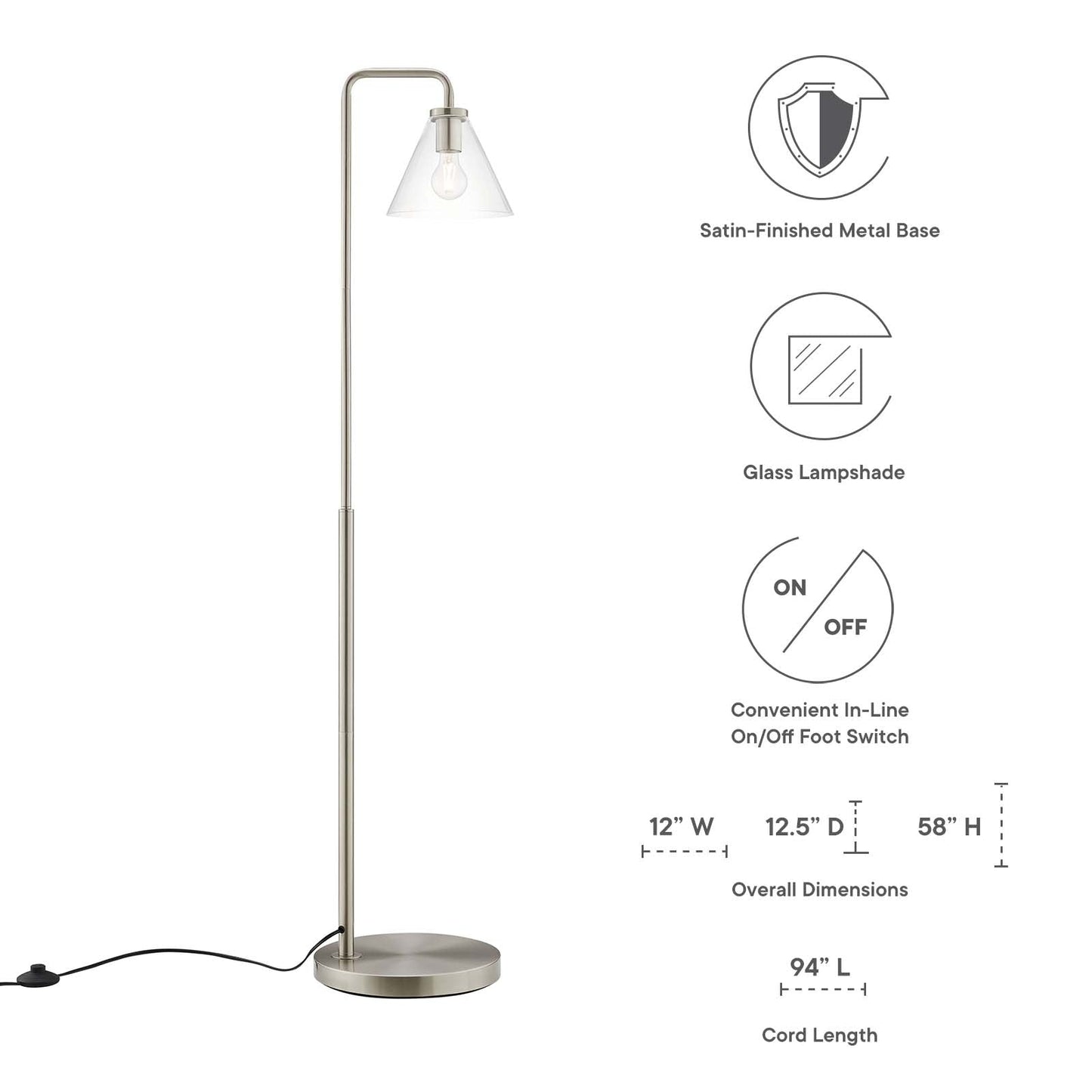 Element Transparent Glass Glass and Metal Floor Lamp Satin Nickel EEI-5618-SNL