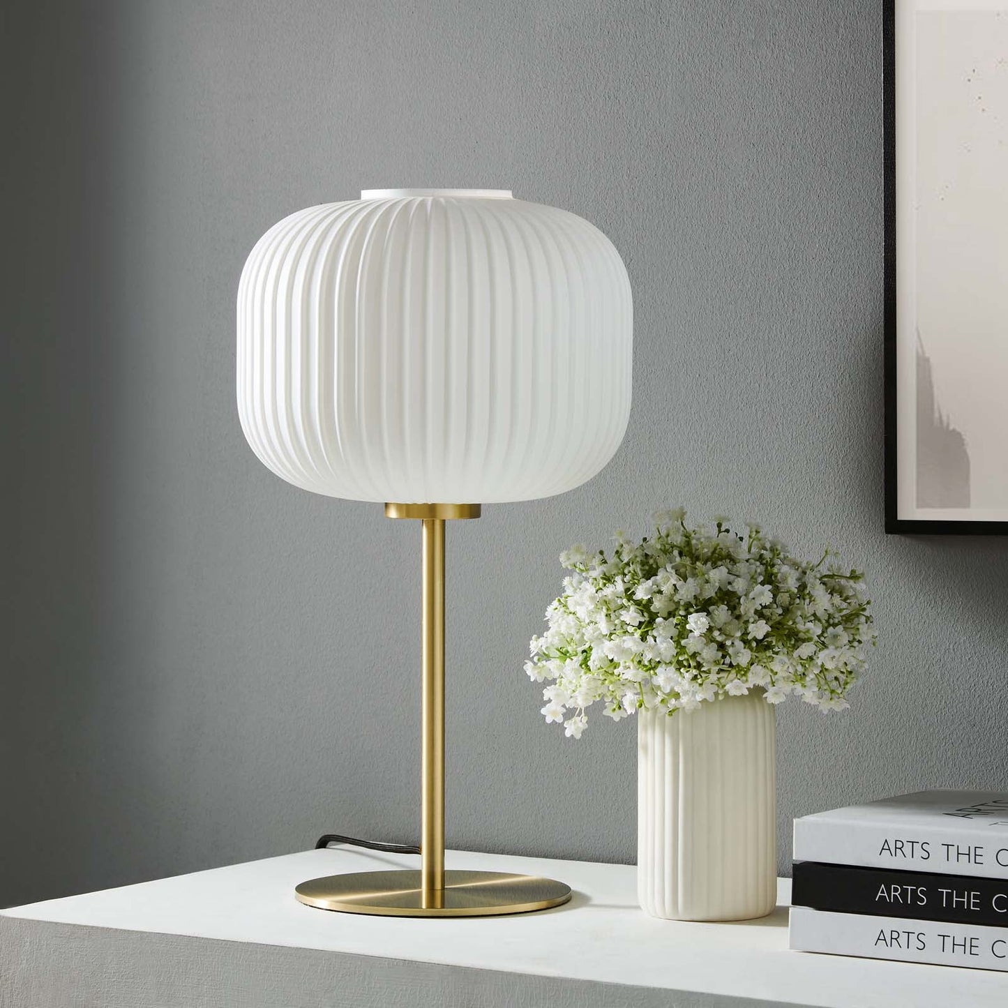 Reprise Glass Sphere Glass and Metal Table Lamp White Satin Brass EEI-5622-WHI-SBR