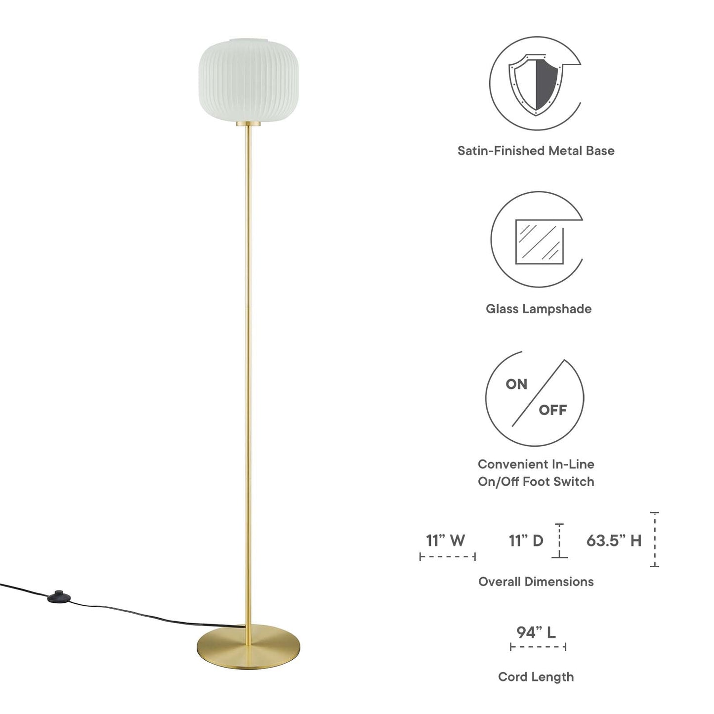 Reprise Glass Sphere Glass and Metal Floor Lamp White Satin Brass EEI-5623-WHI-SBR