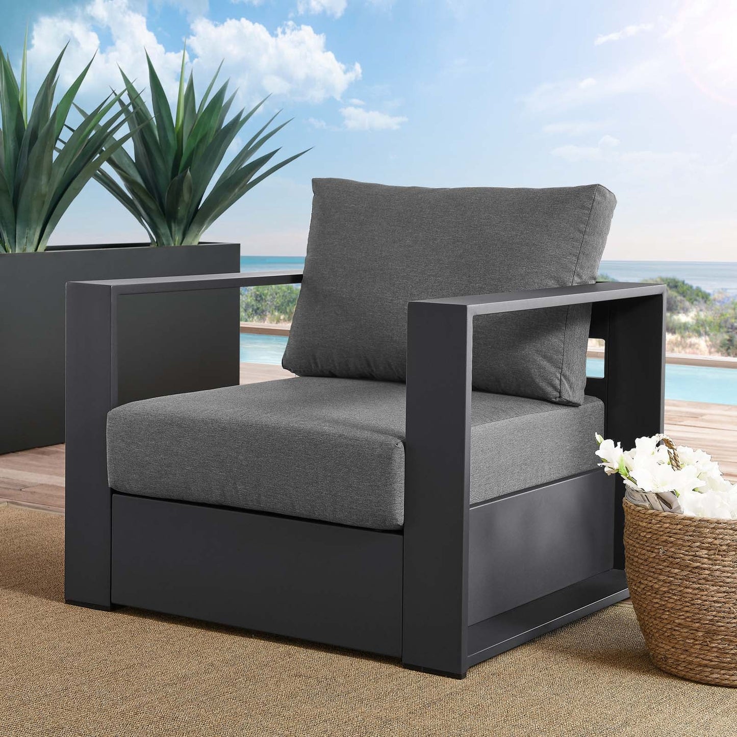 Tahoe Outdoor Patio Powder-Coated Aluminum Armchair Gray Charcoal EEI-5675-GRY-CHA