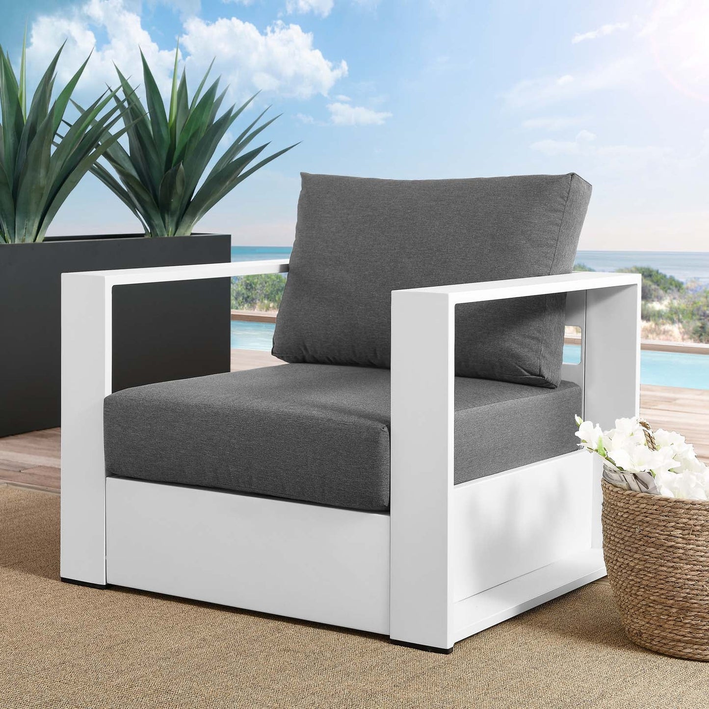 Tahoe Outdoor Patio Powder-Coated Aluminum Armchair White Charcoal EEI-5675-WHI-CHA