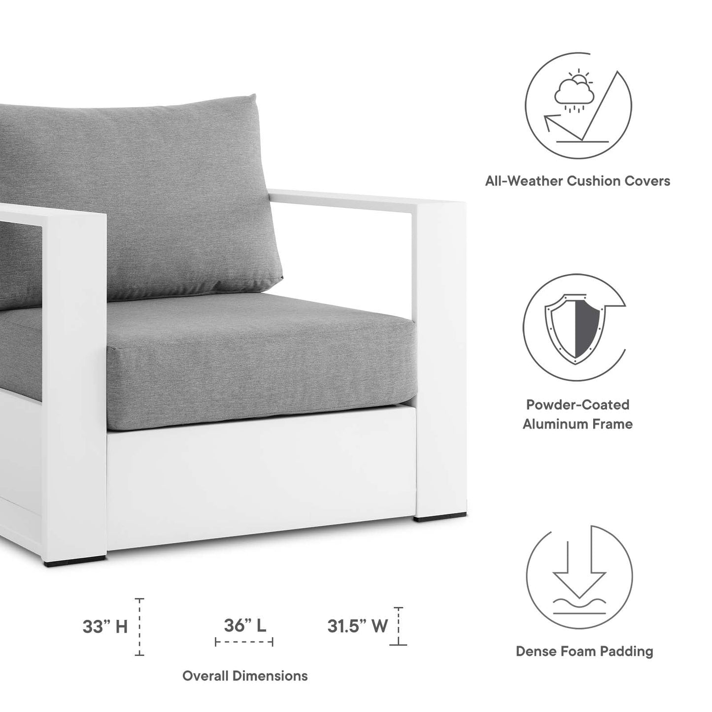 Tahoe Outdoor Patio Powder-Coated Aluminum Armchair White Gray EEI-5675-WHI-GRY